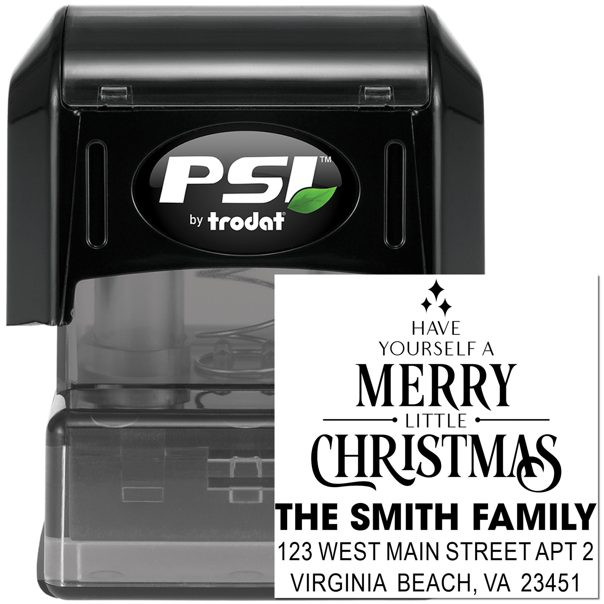 Personalized self-inking rubber stamp with custom Christmas return address for The Smith Family holiday cards