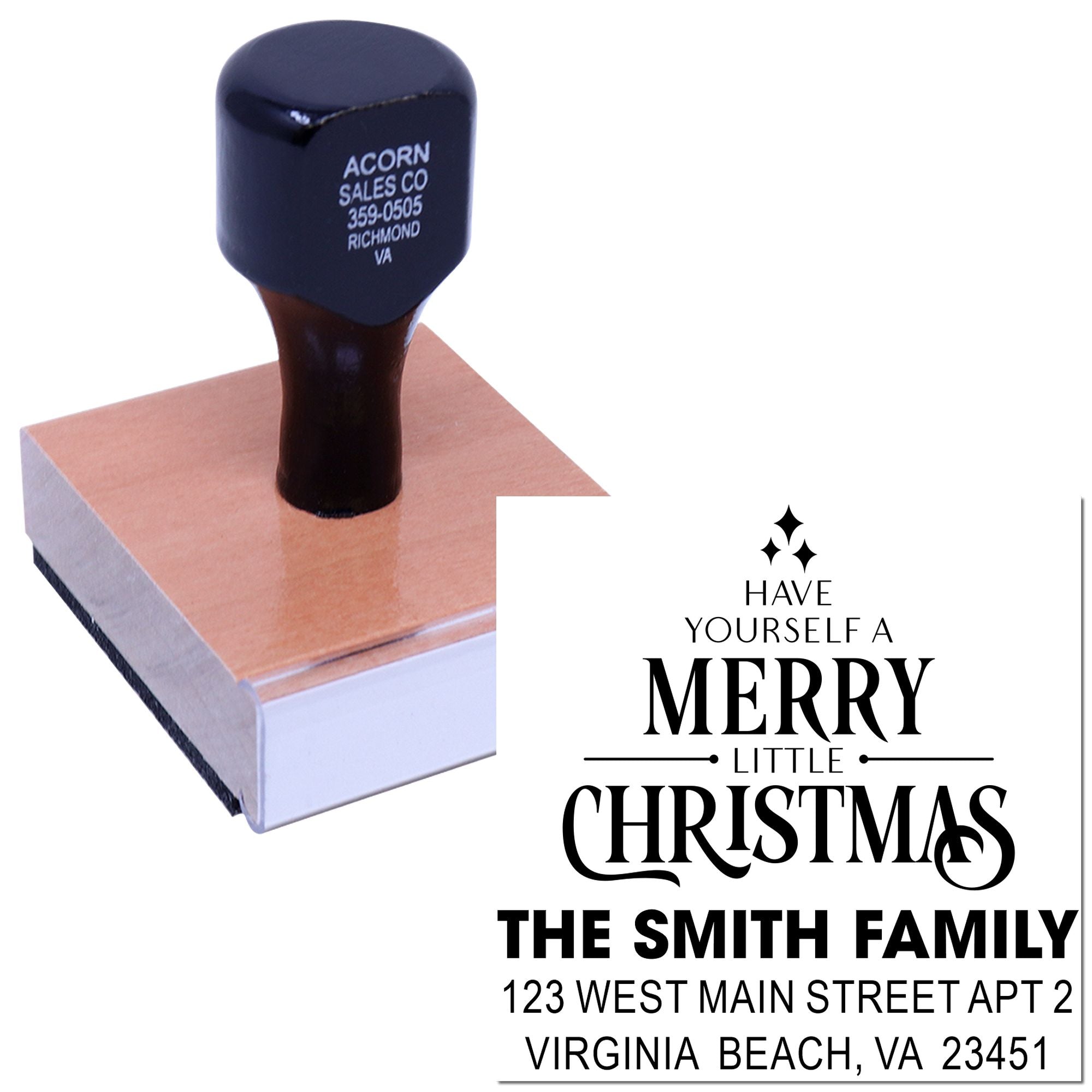 Custom Christmas return address rubber stamp with Have Yourself a Merry Little Christmas and Smith family address.