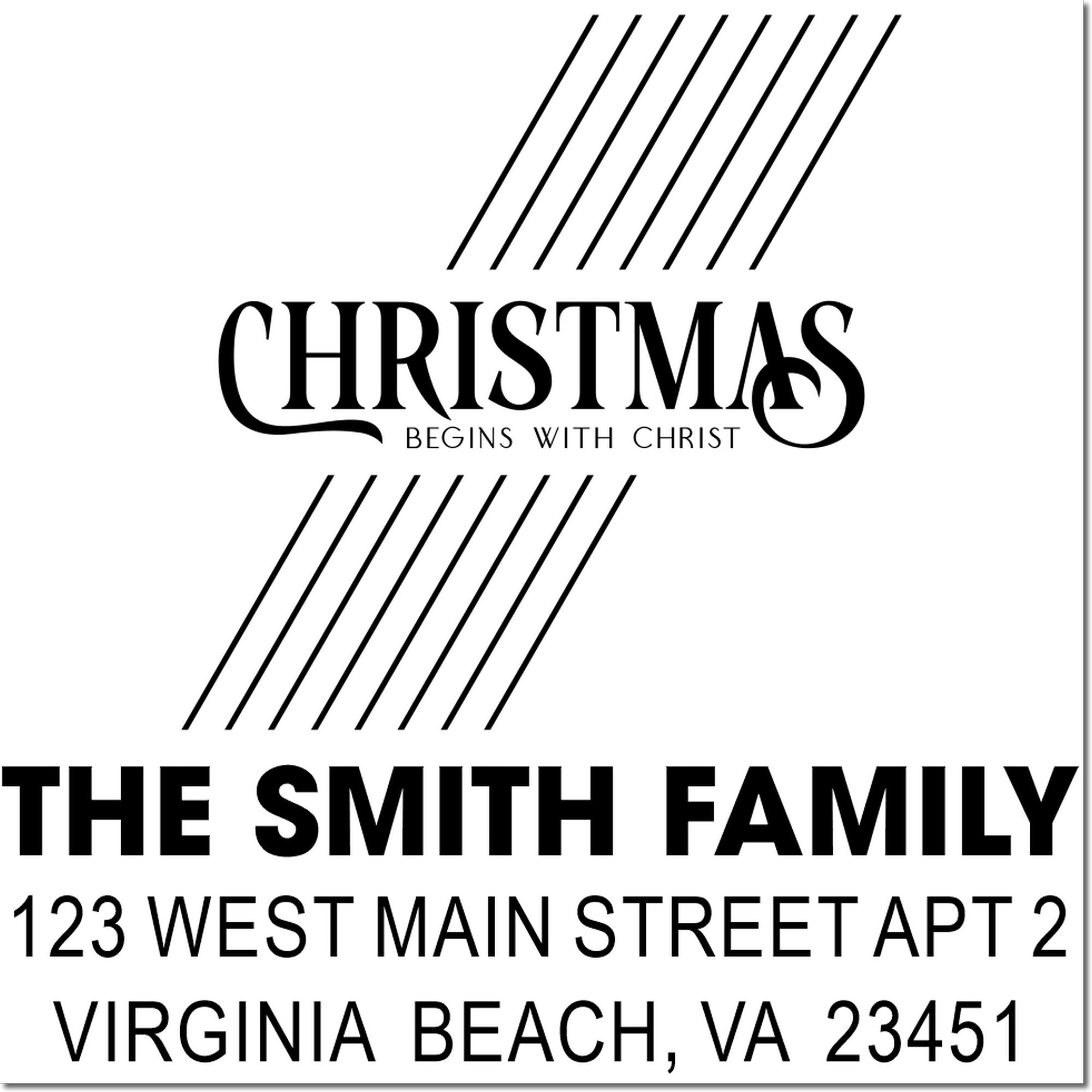 Custom Christmas return address rubber stamp for The Smith Family, with Christmas Begins with Christ holiday design.