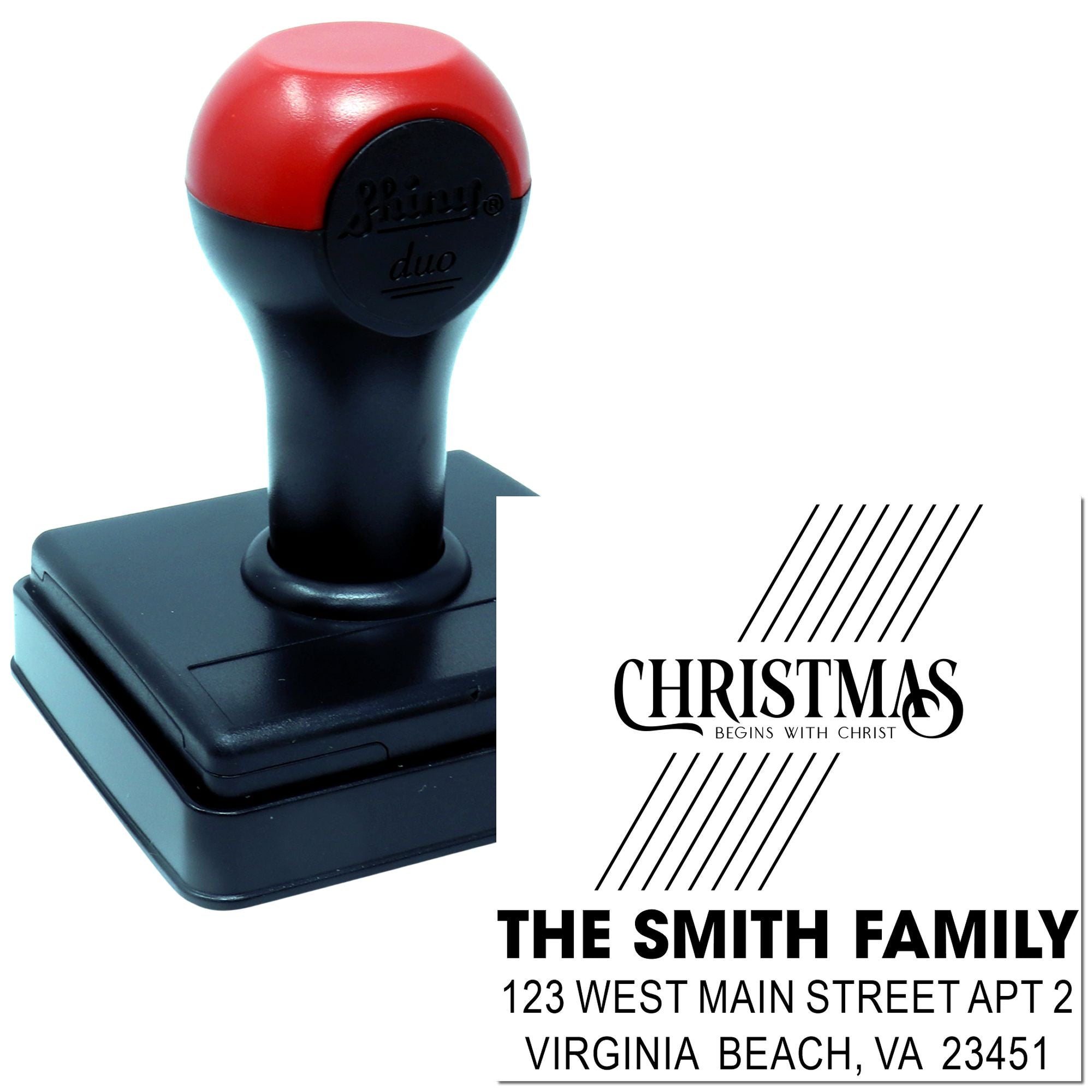 Custom self-inking Christmas return address rubber stamp with holiday message for The Smith Family, Virginia Beach.