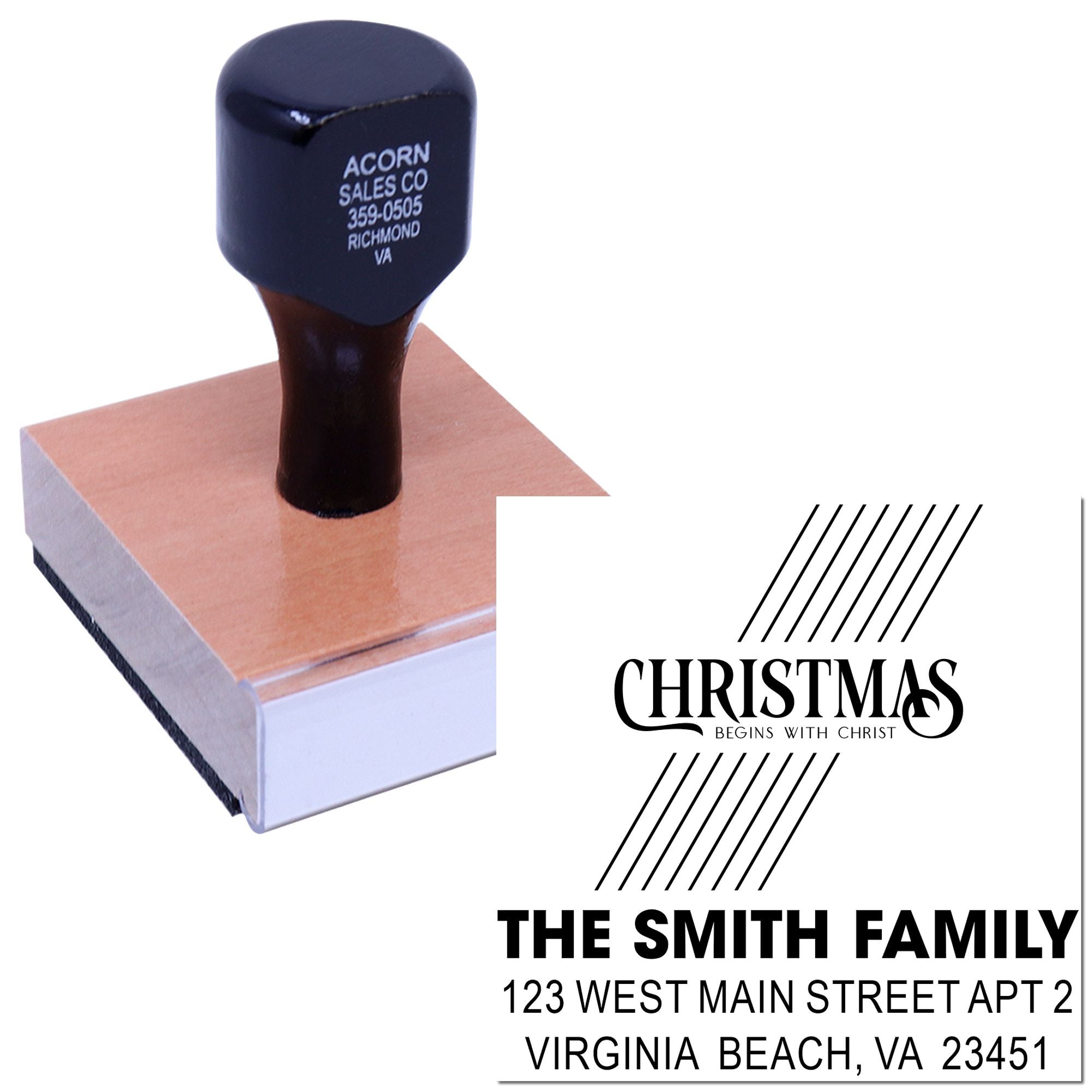 Custom Christmas return address rubber stamp for The Smith Family, featuring holiday design and Virginia Beach, VA address.