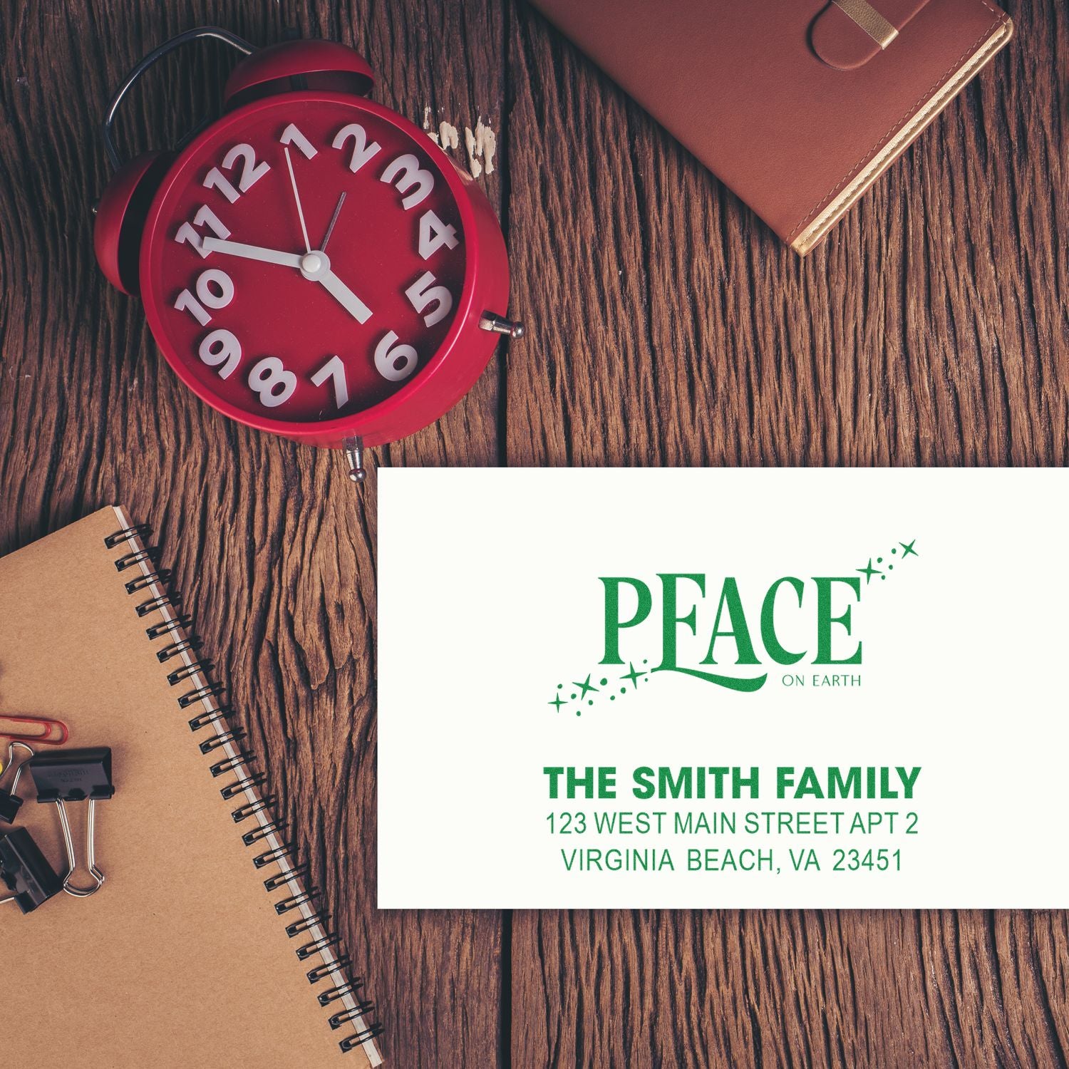 Personalized return address rubber stamp with Peace on Earth design for holiday cards and envelopes.