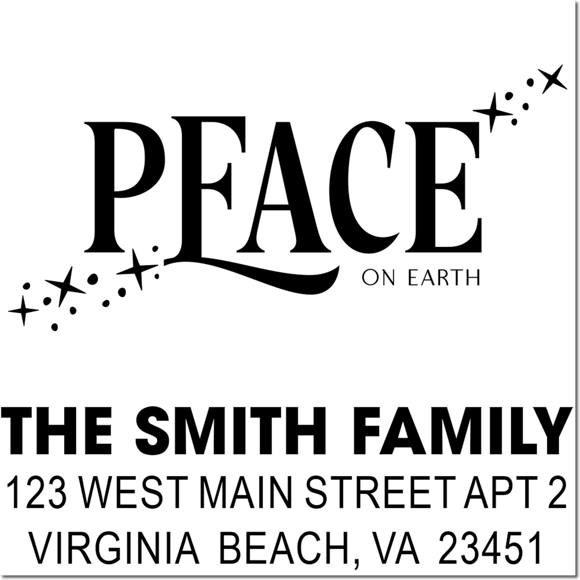 Custom return address rubber stamp with Peace on Earth, The Smith Family, and Virginia Beach address for holiday mailings.