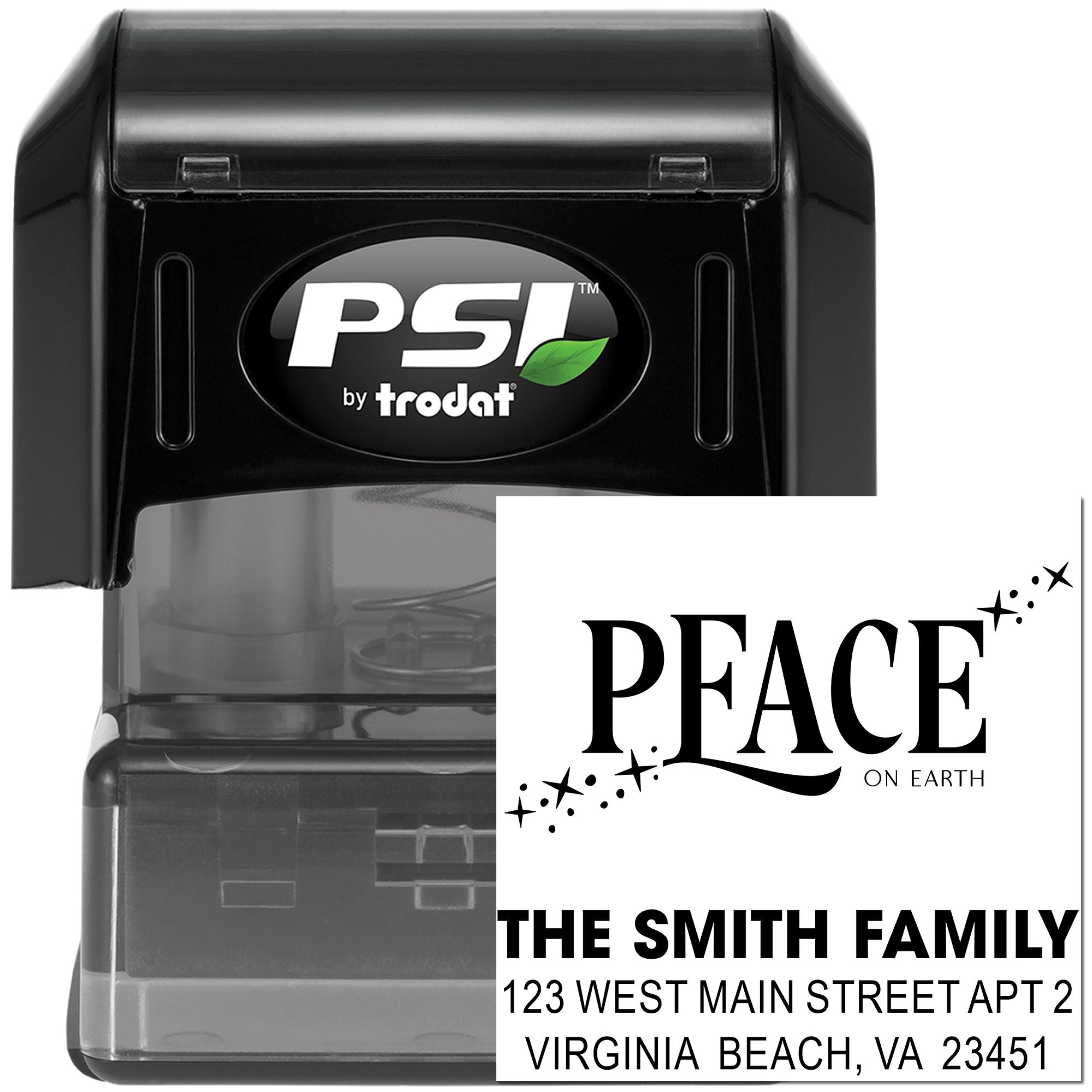Self-inking custom rubber address stamp by PSI Trodat with Peace on Earth design and return address sample.