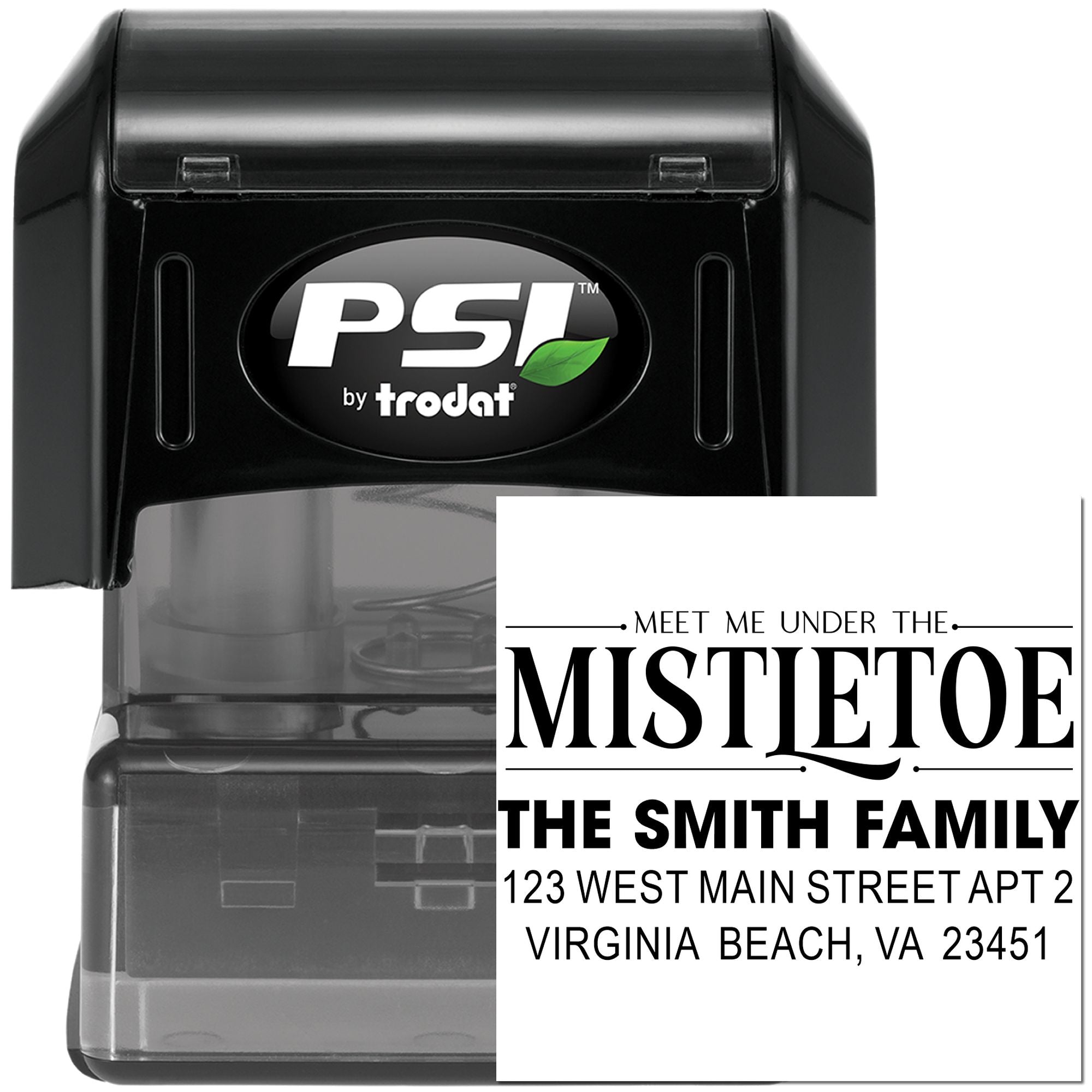 Custom self-inking address rubber stamp with holiday Meet Me Under the Mistletoe design for The Smith Family.