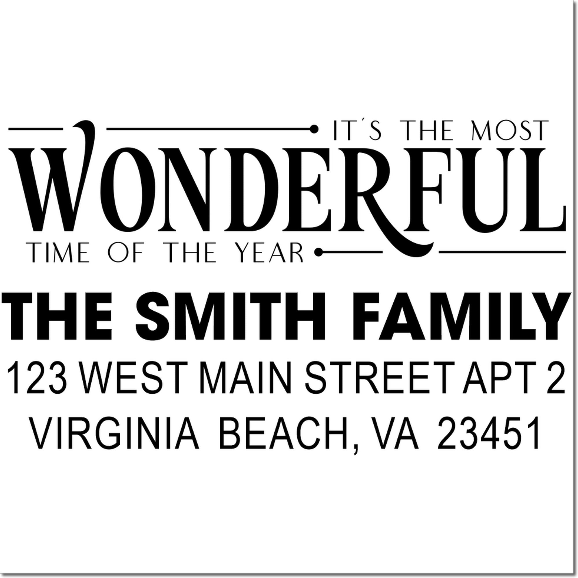 Custom return address rubber stamp with Its the most wonderful time of the year and Smith family address in Virginia Beach, VA.