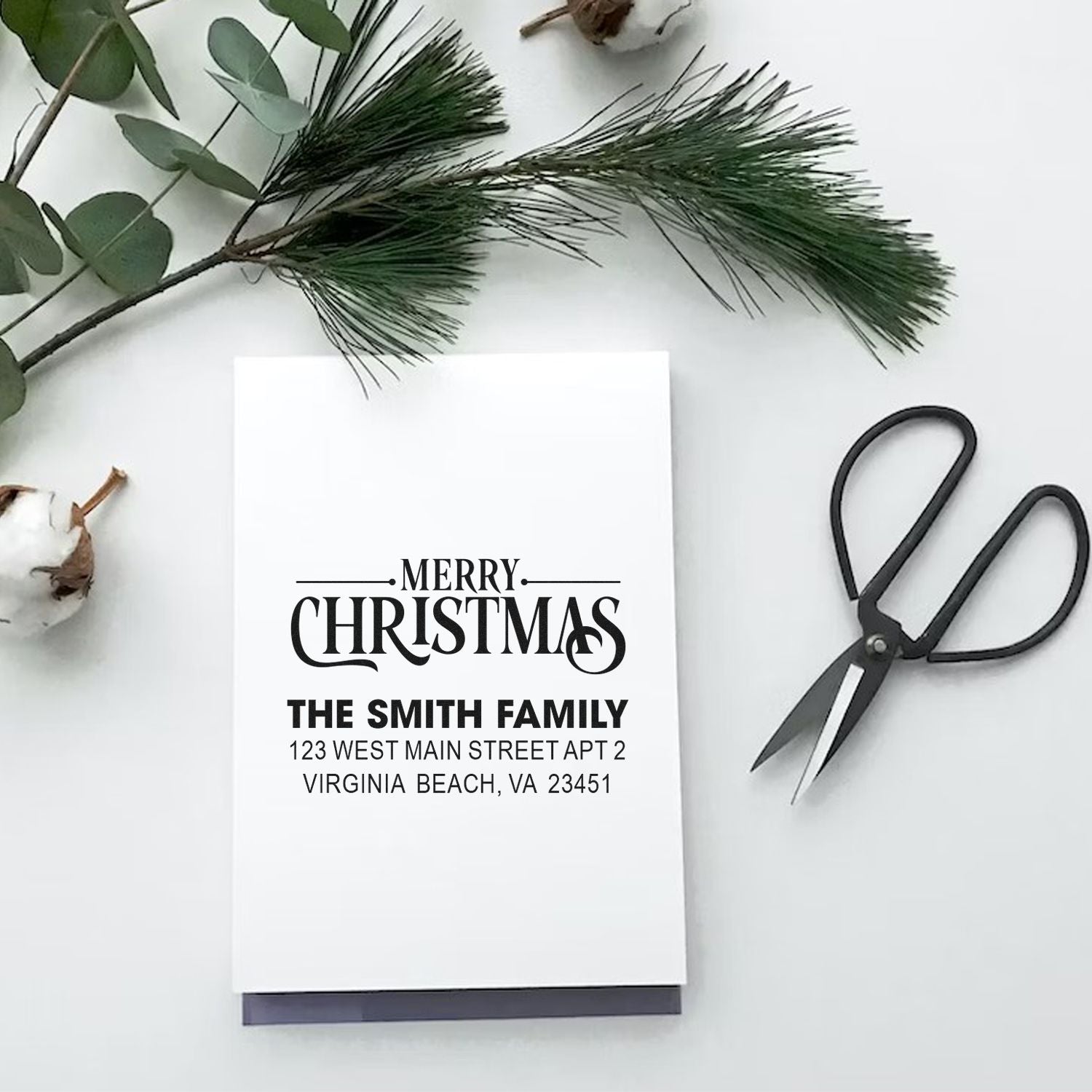 Custom Merry Christmas return address rubber stamp for holiday cards, featuring The Smith Family address.