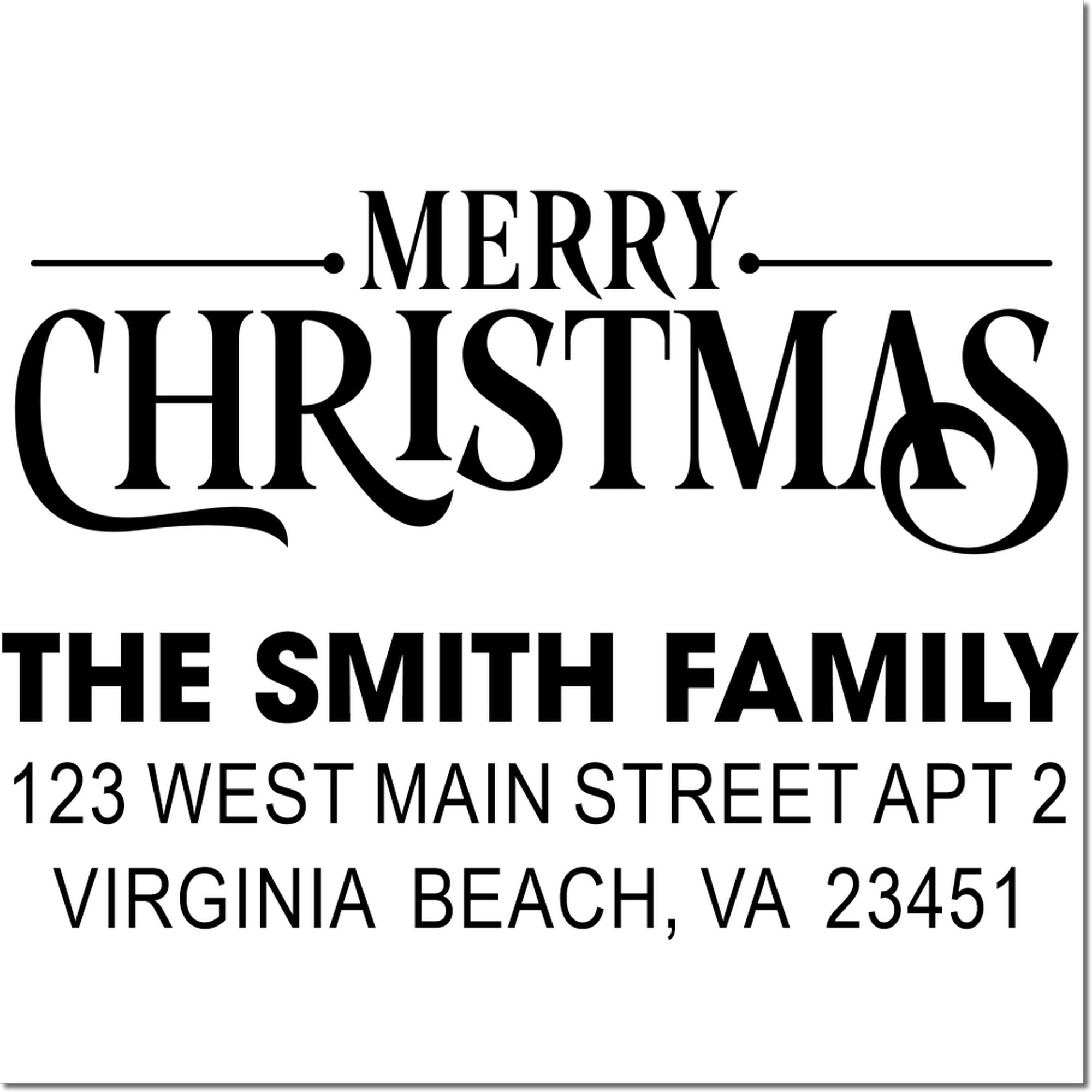 Personalized Merry Christmas return address rubber stamp for The Smith Family, Virginia Beach VA 23451