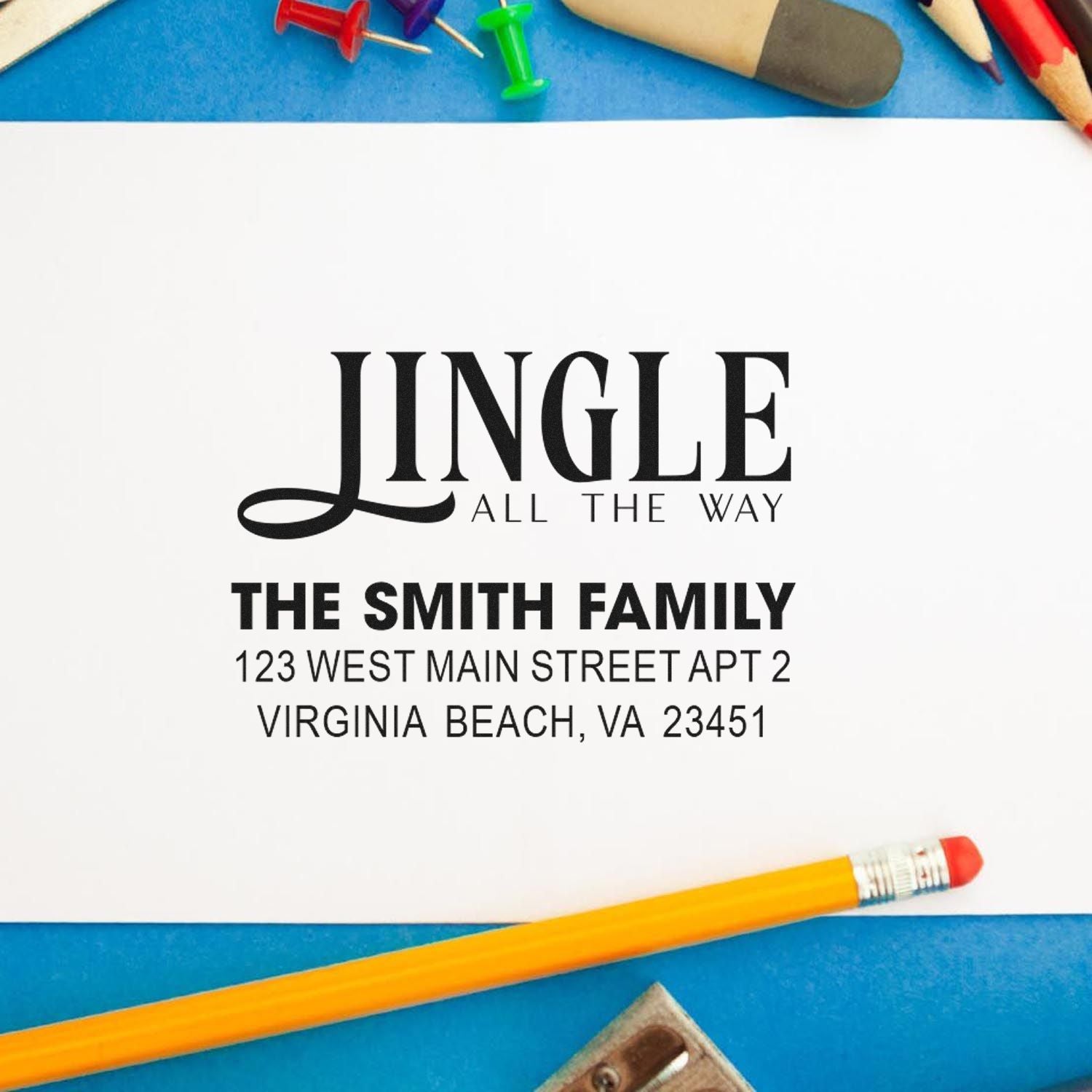 Custom address rubber stamp impression with Jingle All the Way design for The Smith Family, Virginia Beach, VA.