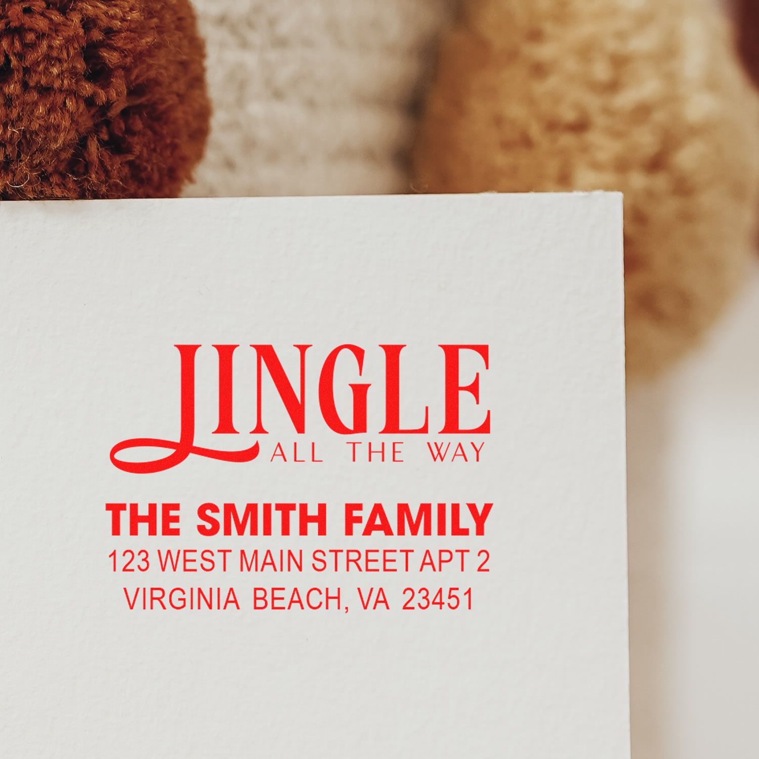 Personalized holiday return address rubber stamp for The Smith Family with Jingle All the Way greeting.