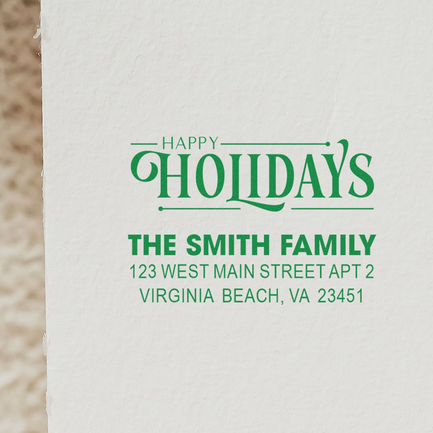 Custom Happy Holidays return address rubber stamp for The Smith Family, Virginia Beach, VA