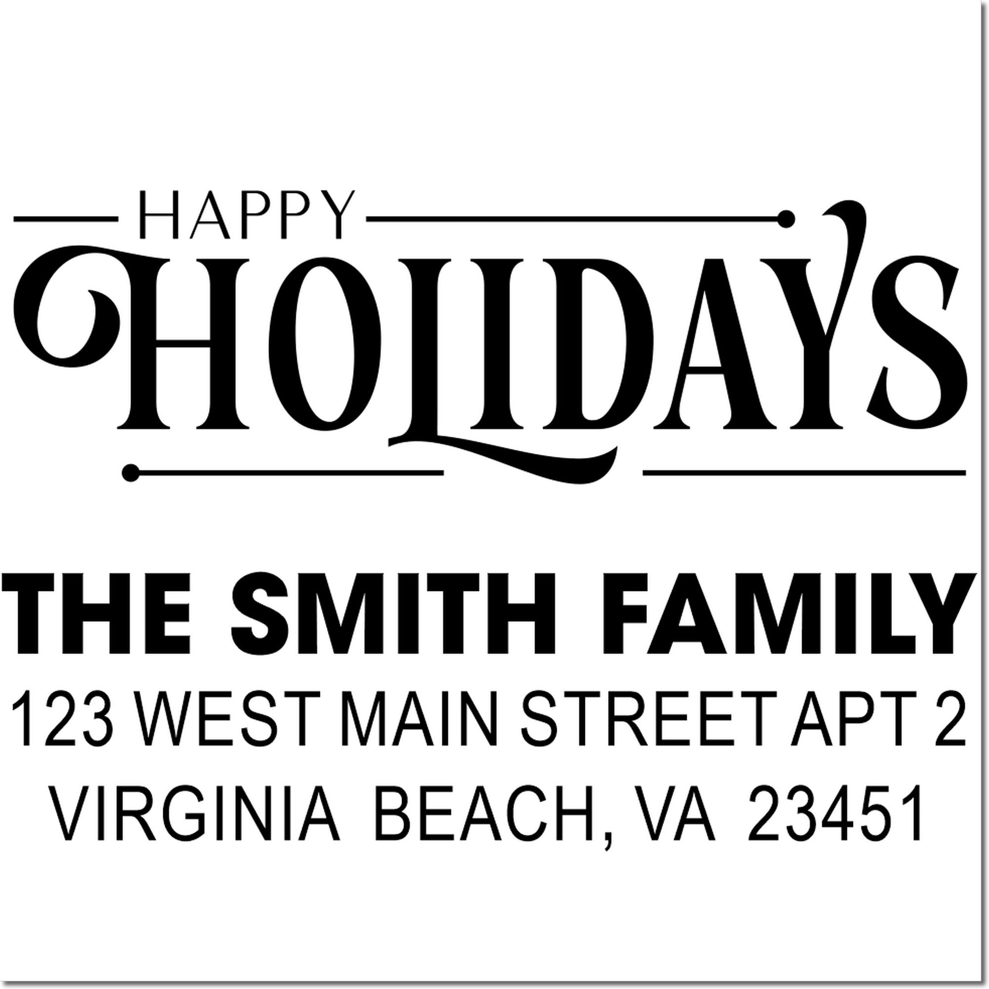 Custom Happy Holidays rubber stamp with family name and return address for holiday cards and festive mail.