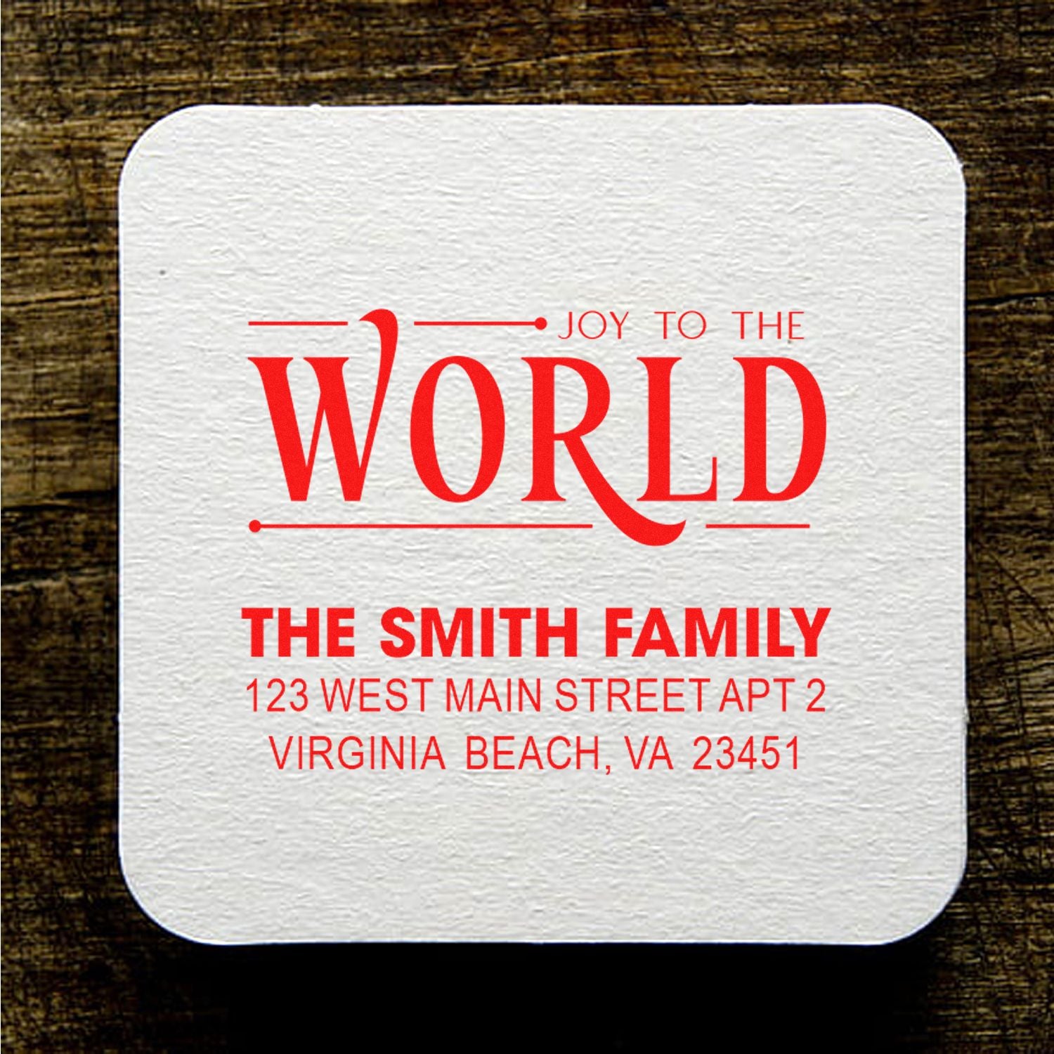 Custom holiday address rubber stamp with Joy to the World for The Smith Family, Virginia Beach, VA.