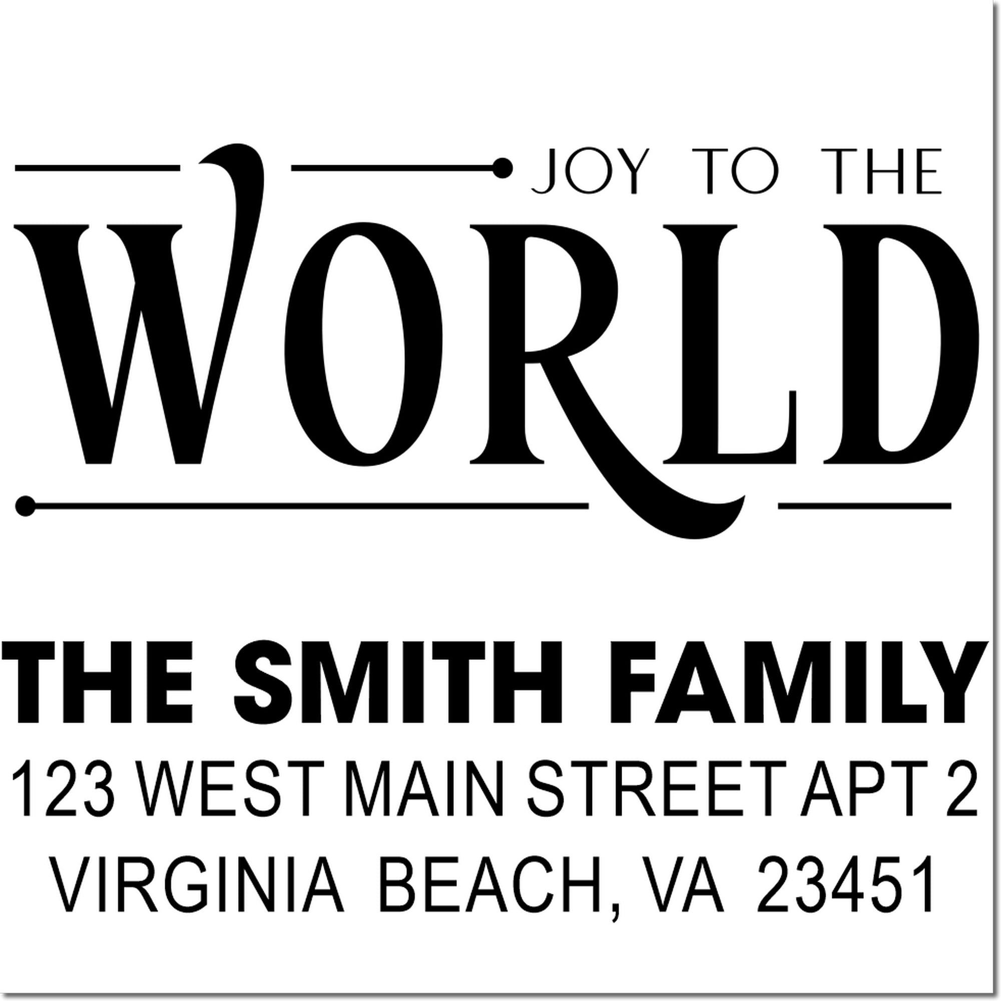 Personalized holiday rubber stamp with Joy to the World and The Smith Family address in Virginia Beach, VA.