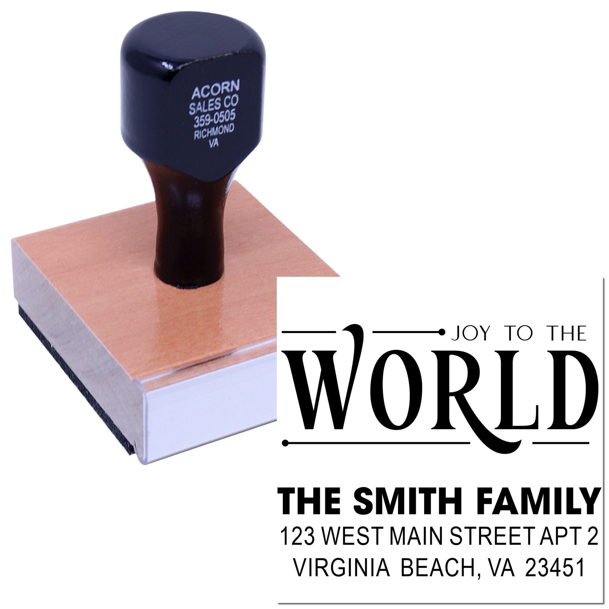 Custom holiday address rubber stamp for The Smith Family with Joy to the World Christmas card design.