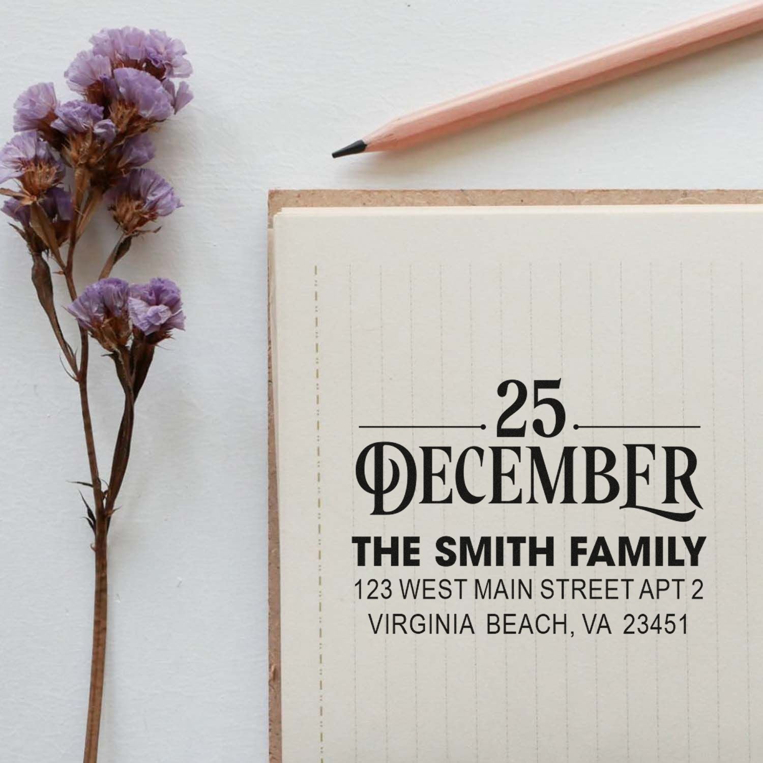Custom Christmas return address rubber stamp with 25 December design for holiday cards and envelope mailing.