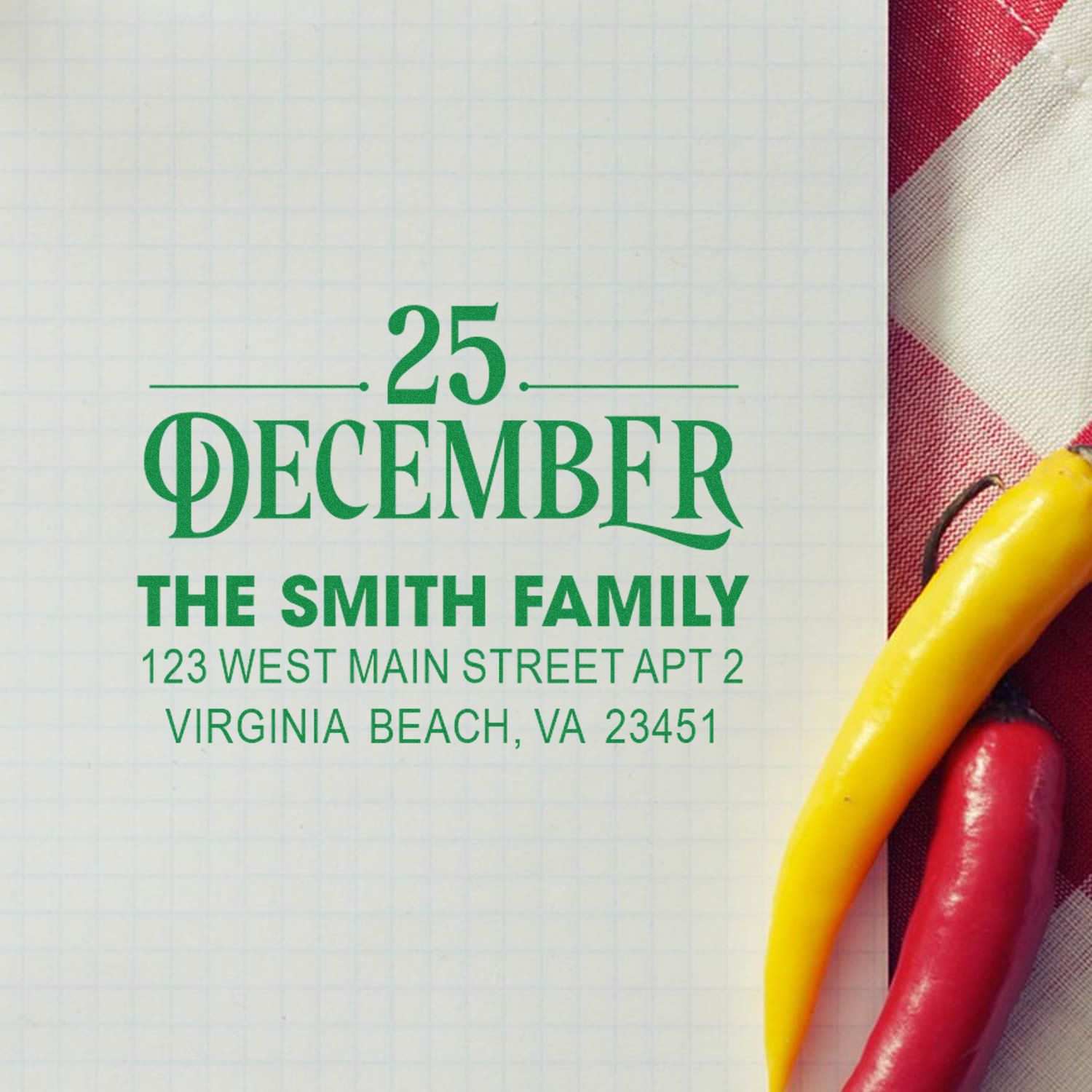 Custom Christmas return address rubber stamp for The Smith Family with 25 December holiday mailing address.