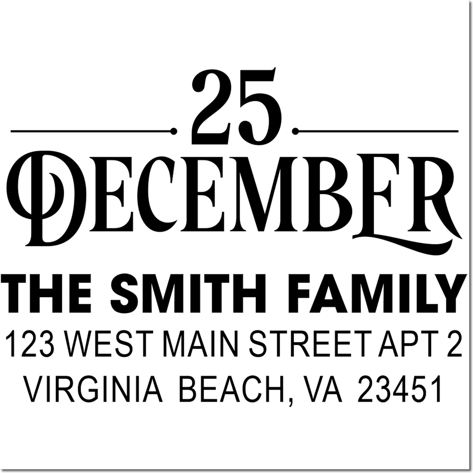 Personalized Christmas return address rubber stamp for The Smith Family, 123 West Main Street Apt 2, Virginia Beach, VA 23451