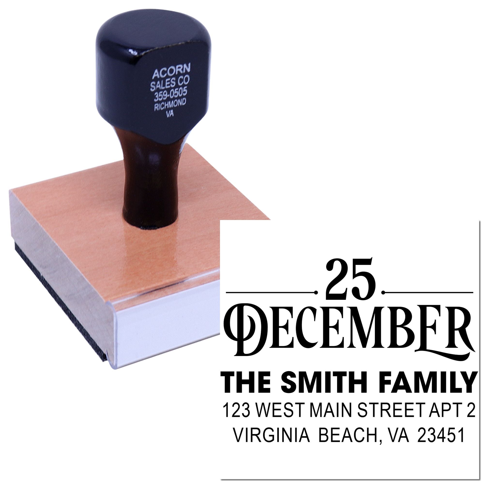 Custom rubber stamp for holiday mail, featuring December 25, The Smith Family, and a Virginia Beach return address.