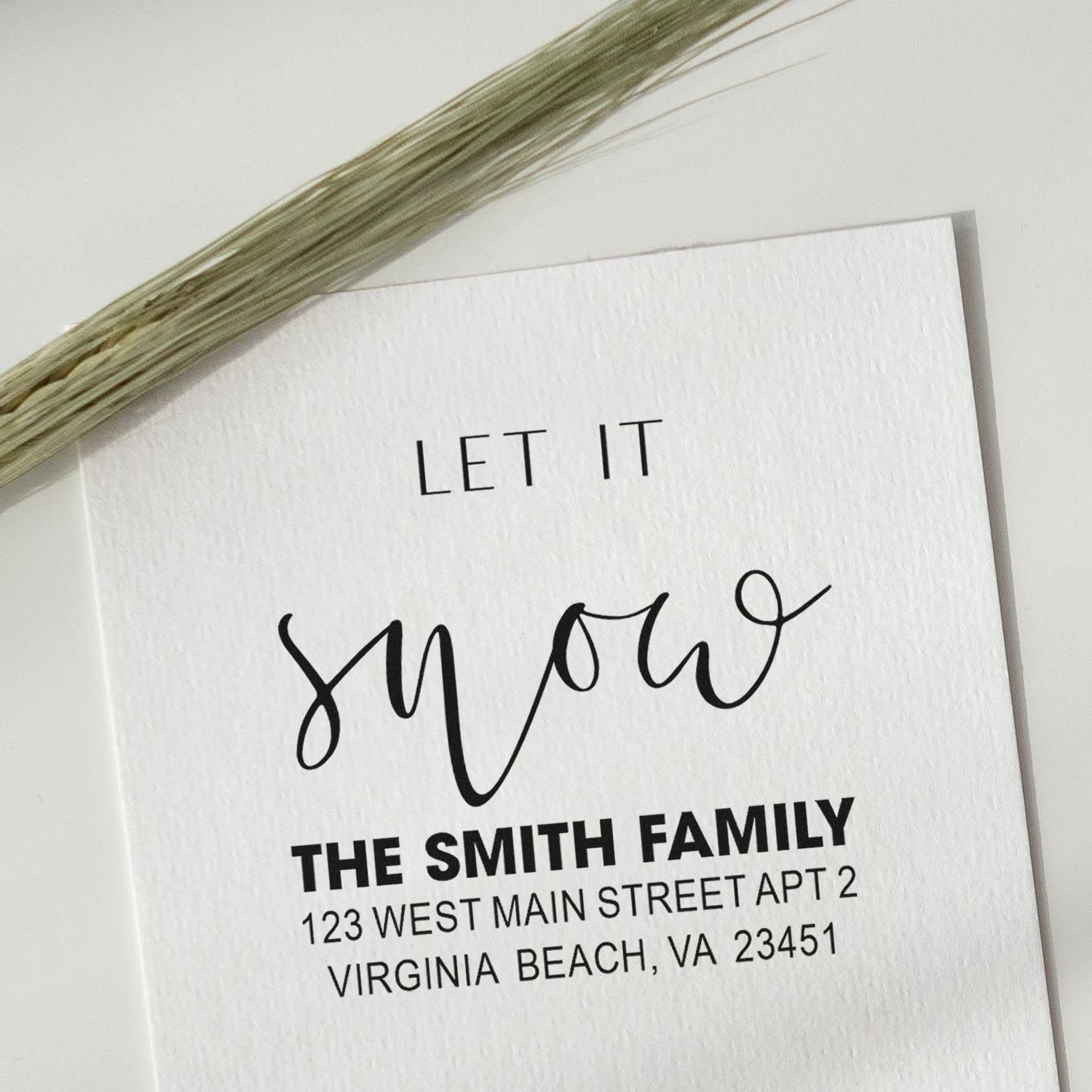 Custom return address rubber stamp sample for wedding invitations, featuring The Smith Family and Virginia Beach address.