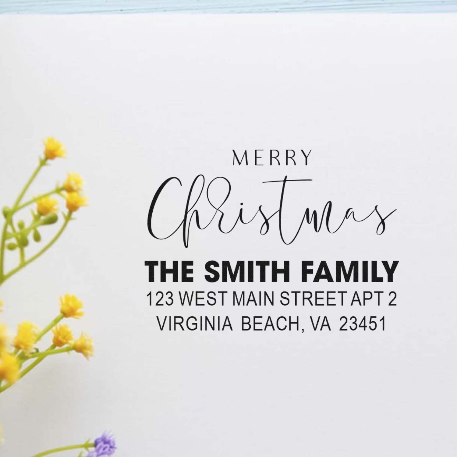 Custom Merry Christmas return address rubber stamp for The Smith Family, featuring holiday greeting and Virginia Beach address.