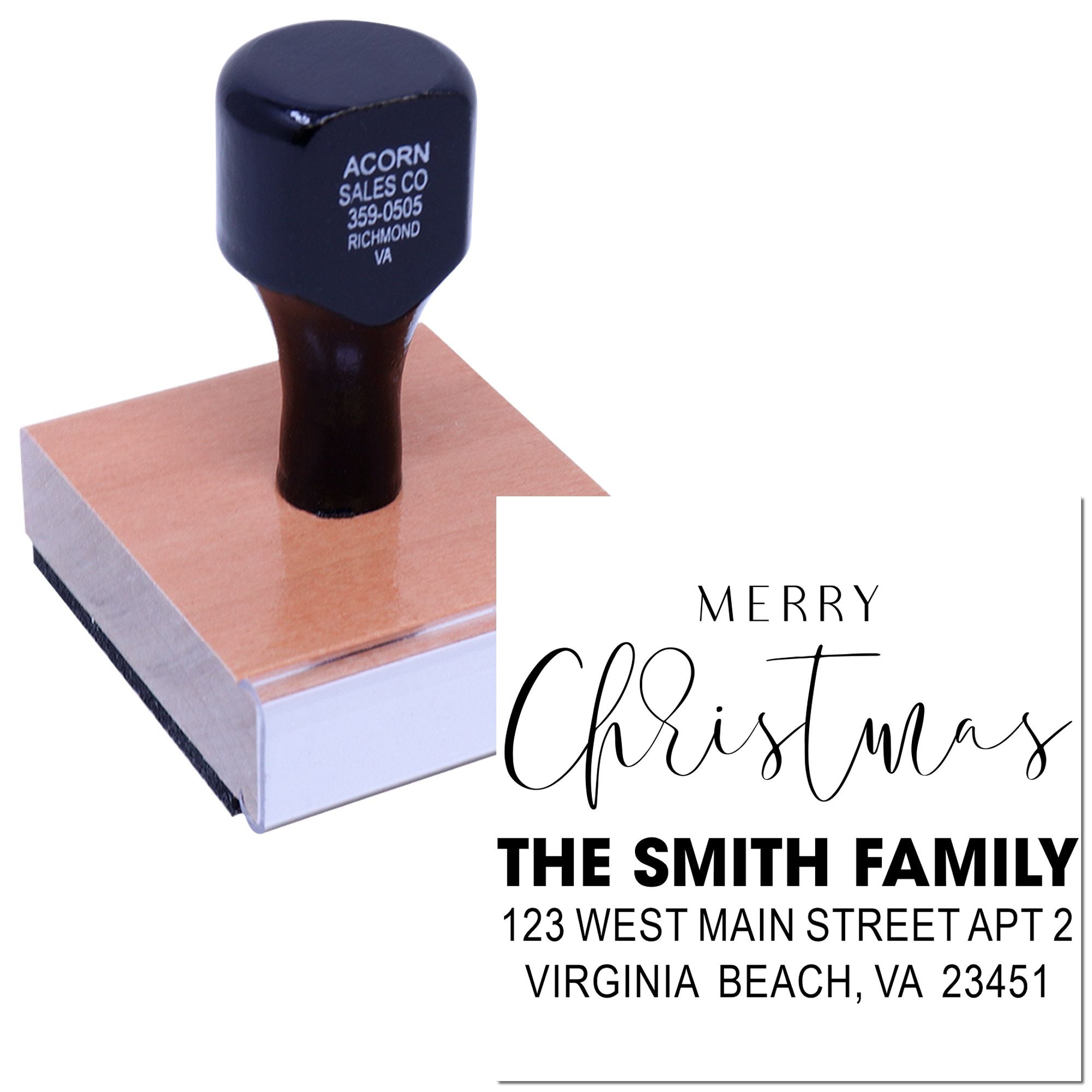 Personalized Christmas rubber stamp for The Smith Family return address with holiday greeting and Virginia Beach address.