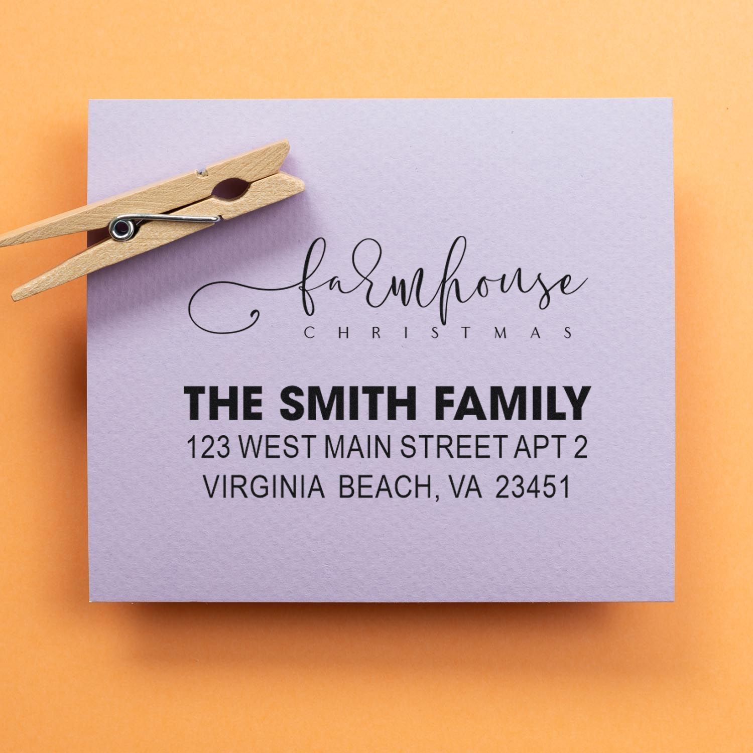 Personalized farmhouse Christmas return address rubber stamp for The Smith Family holiday cards and envelopes.