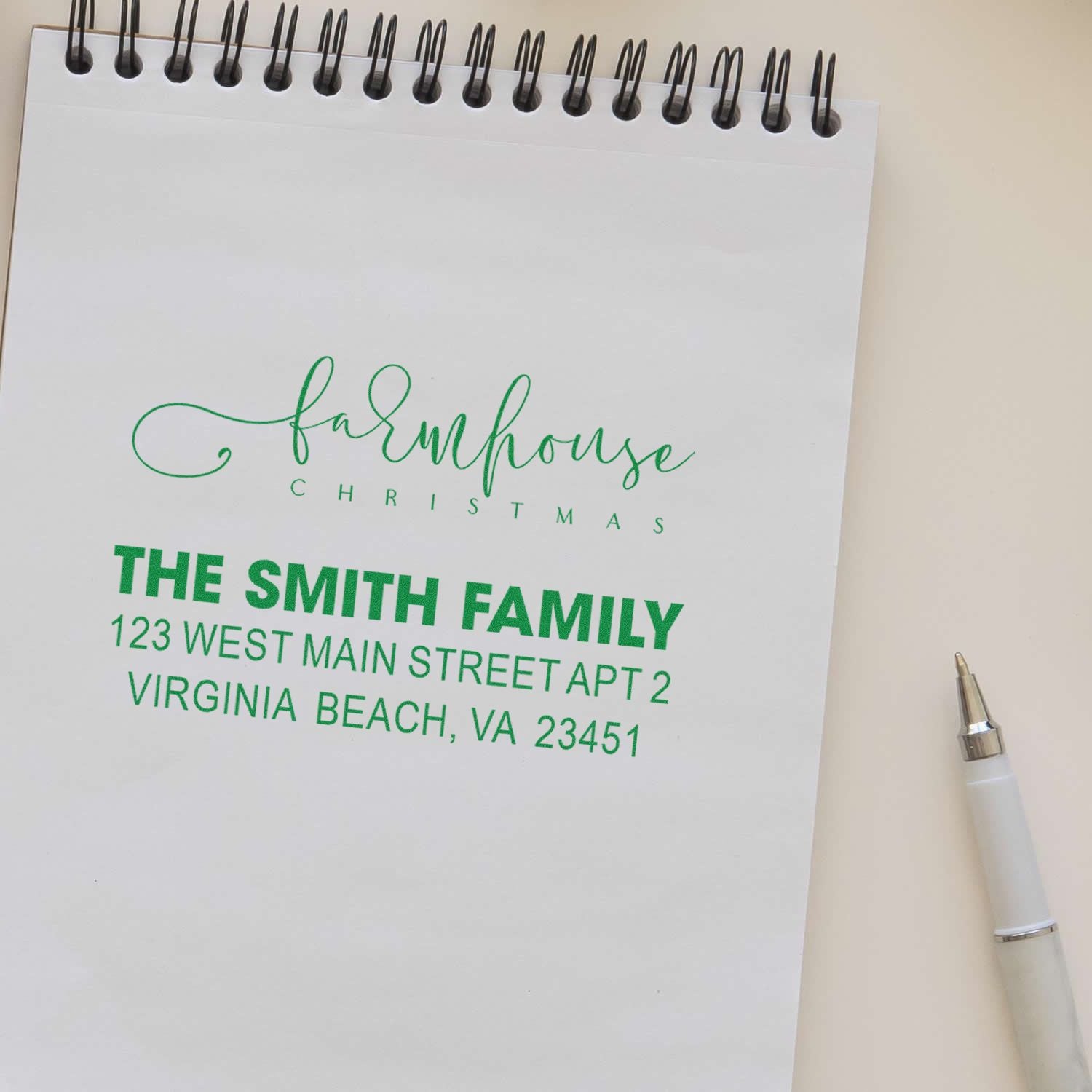 Farmhouse Christmas custom rubber address stamp for The Smith Family, Virginia Beach return address.