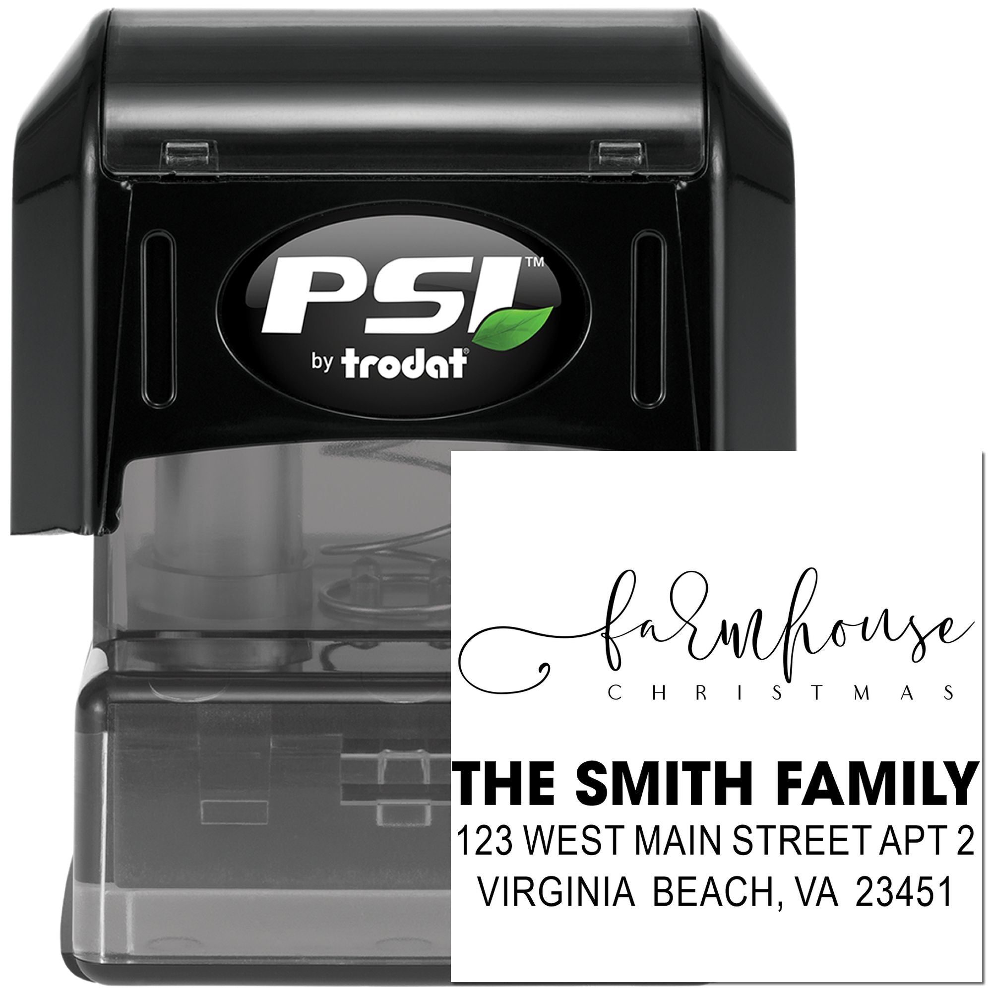 PSI by Trodat self-inking return address rubber stamp with farmhouse Christmas family name and address imprint
