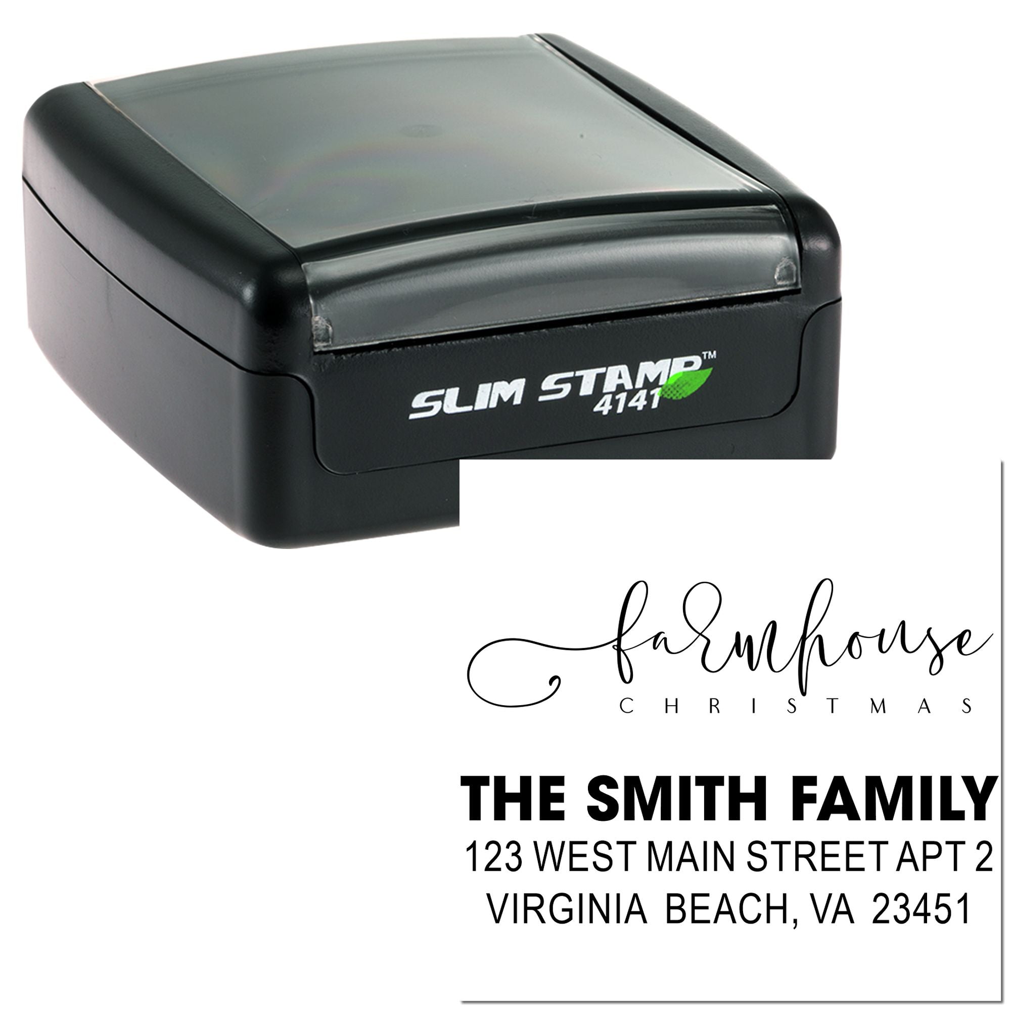 Custom slim self-inking rubber stamp with farmhouse Christmas design and address imprint for personalized mailing.
