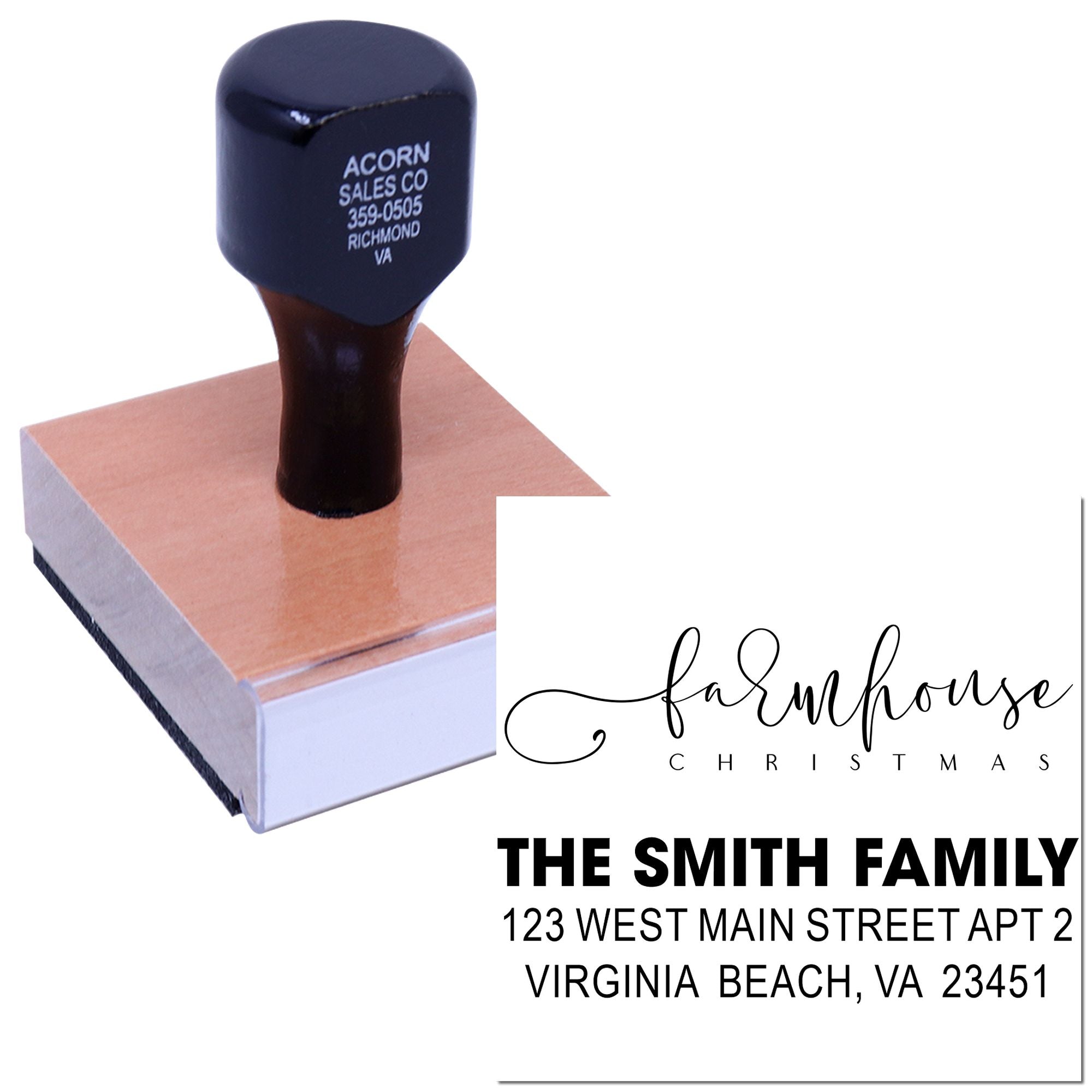 Custom self-inking return address rubber stamp with farmhouse Christmas design for The Smith Family.