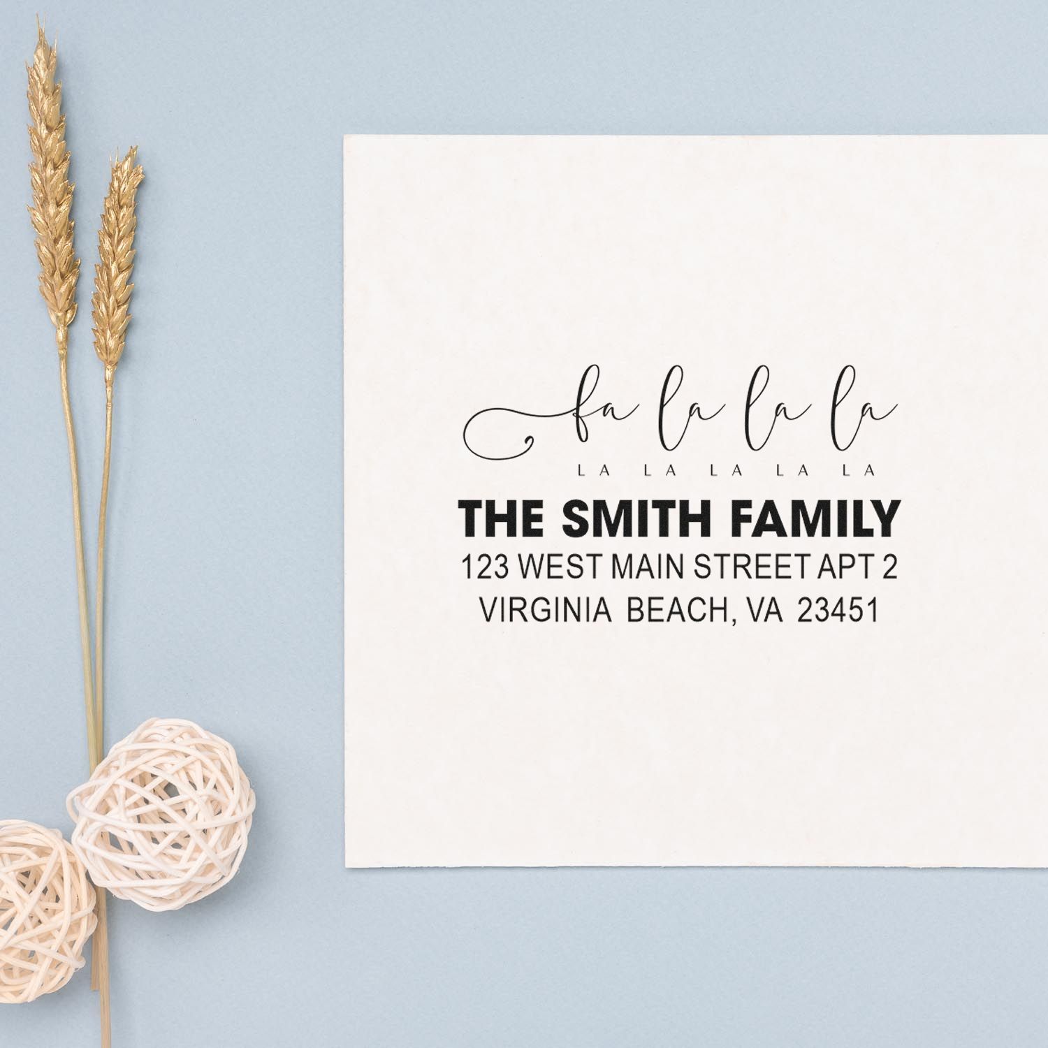 Personalized return address rubber stamp with modern script for The Smith Family holiday cards and envelopes.