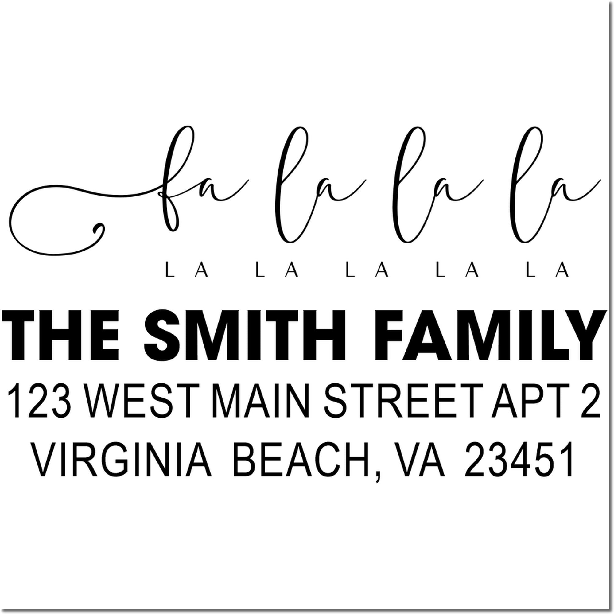 Personalized holiday address rubber stamp with fa la la design for The Smith Family in Virginia Beach, VA