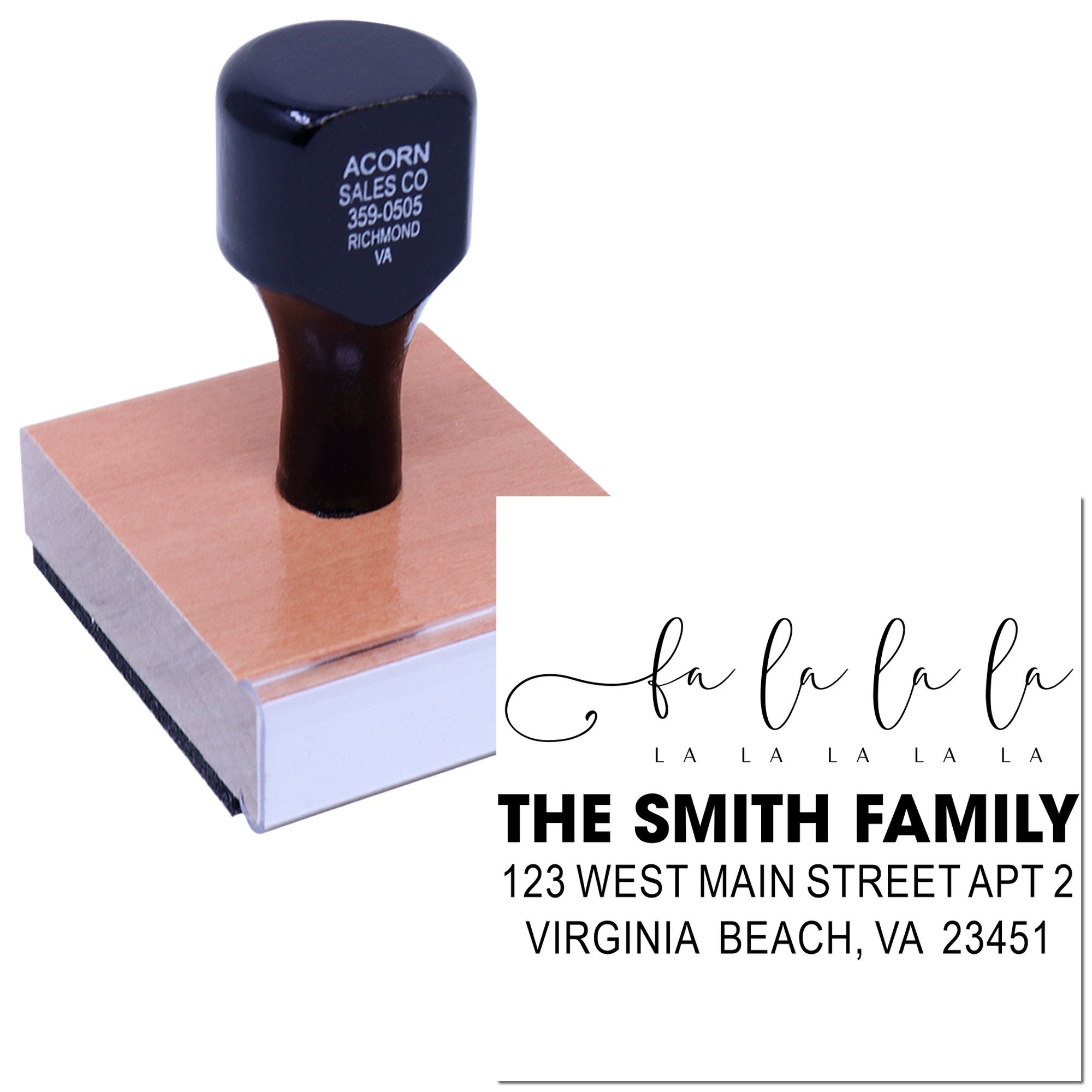 Personalized holiday address rubber stamp with fa la la la family name design for Christmas cards and mailings.