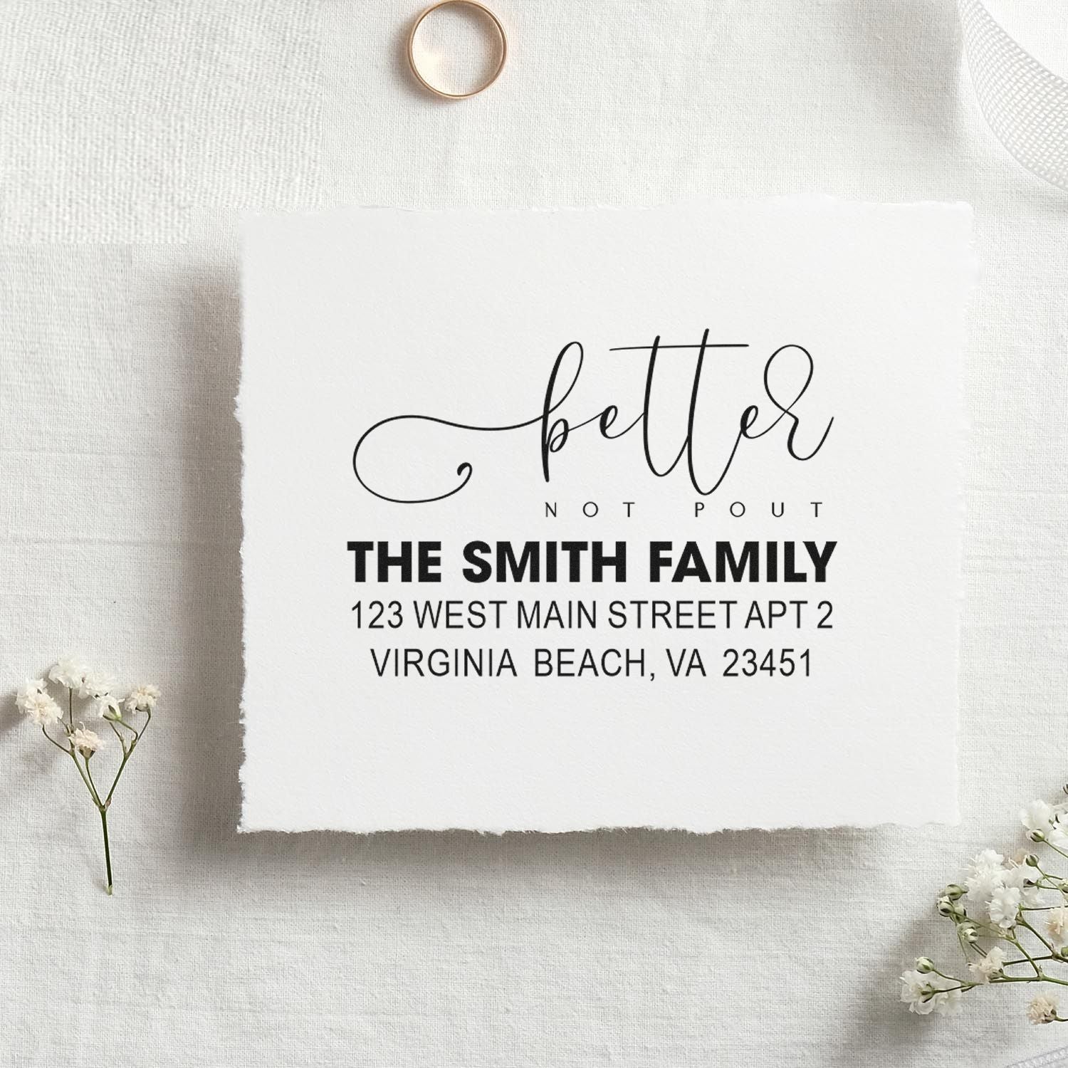 Personalized return address rubber stamp with better not pout holiday design for The Smith Family.