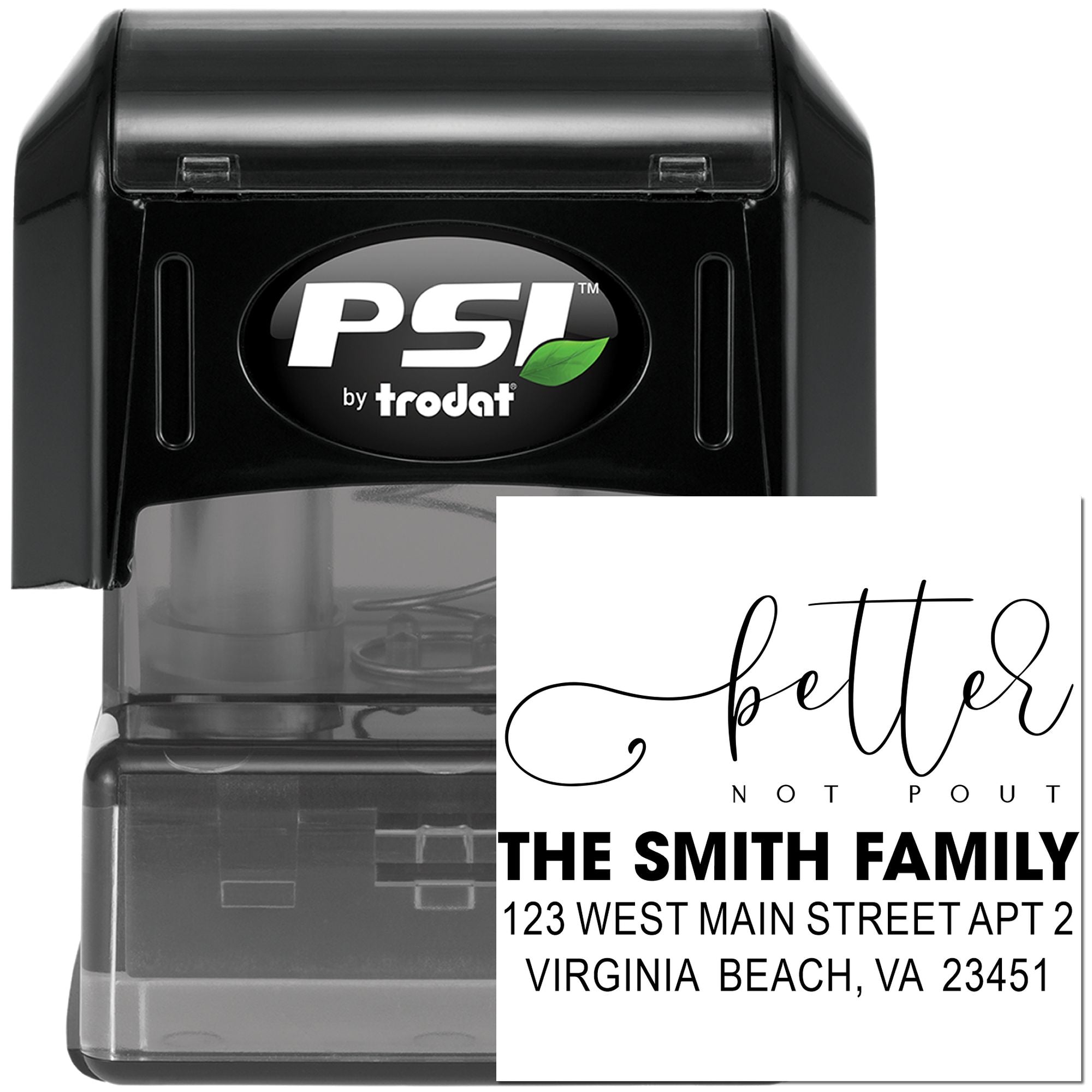 PSI by Trodat self-inking rubber address stamp with custom family return address and holiday message.