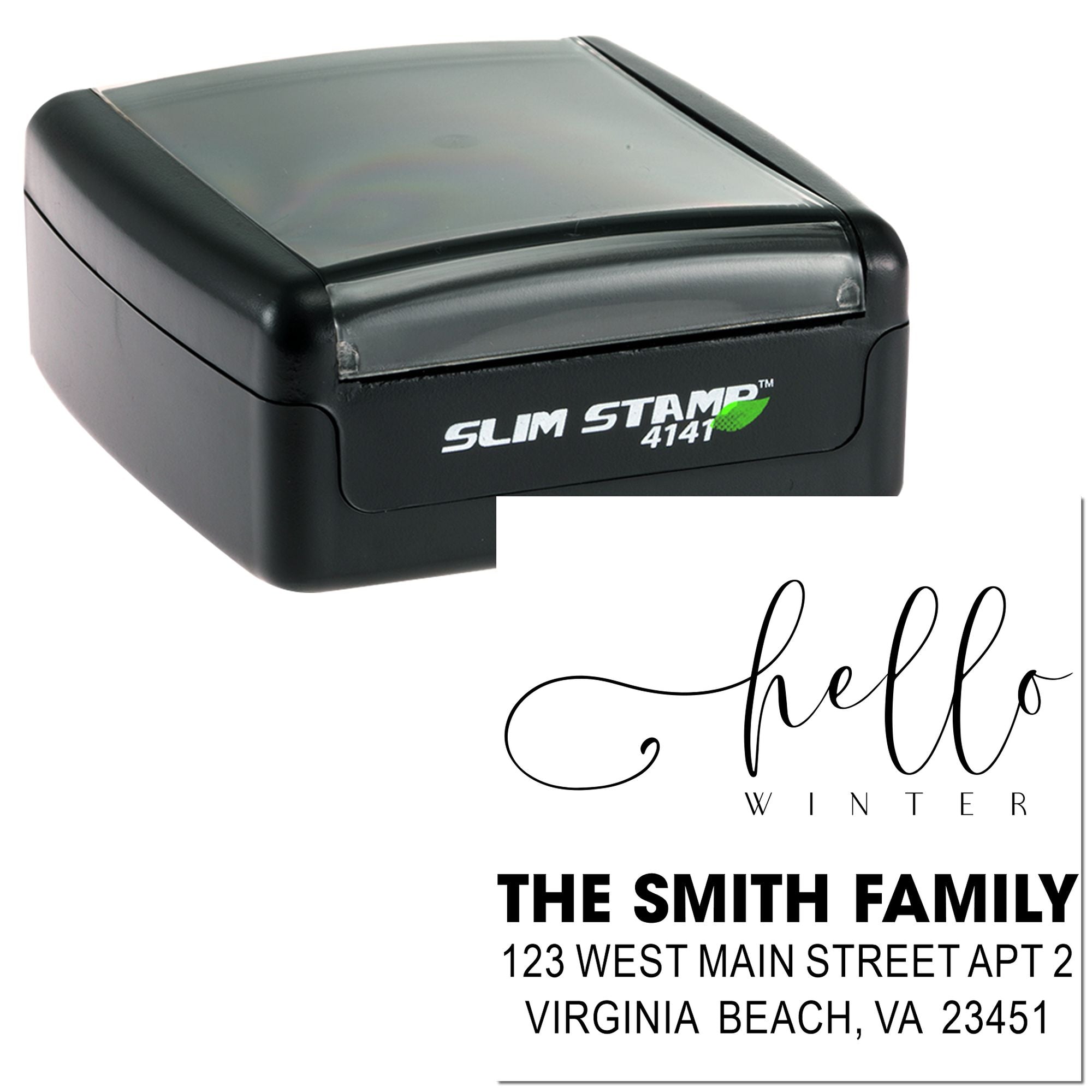 Custom self-inking address rubber stamp with hello winter return address design for holiday mail and family stationery