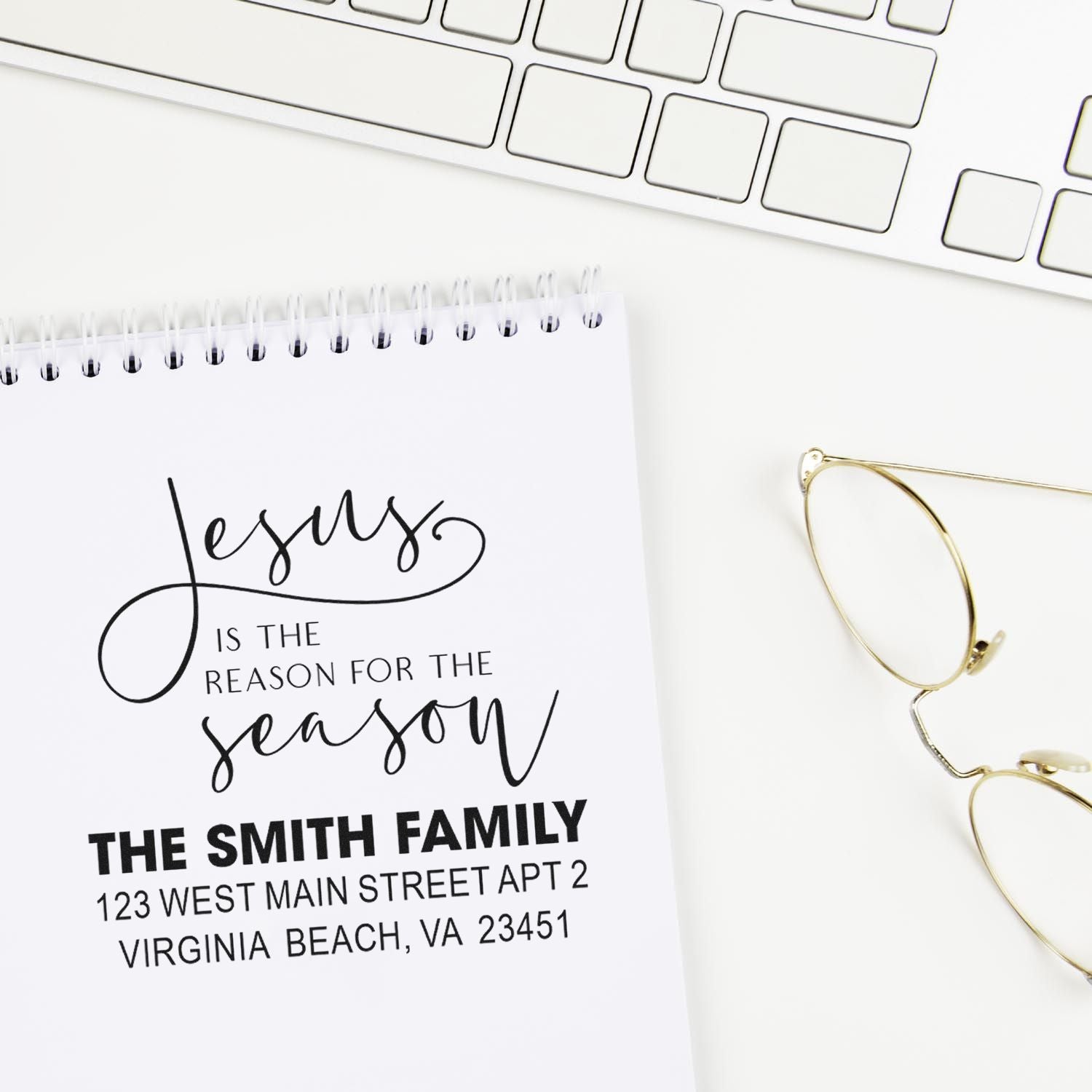 Personalized rubber stamp design with Jesus is the reason for the season and family address for Christmas cards.