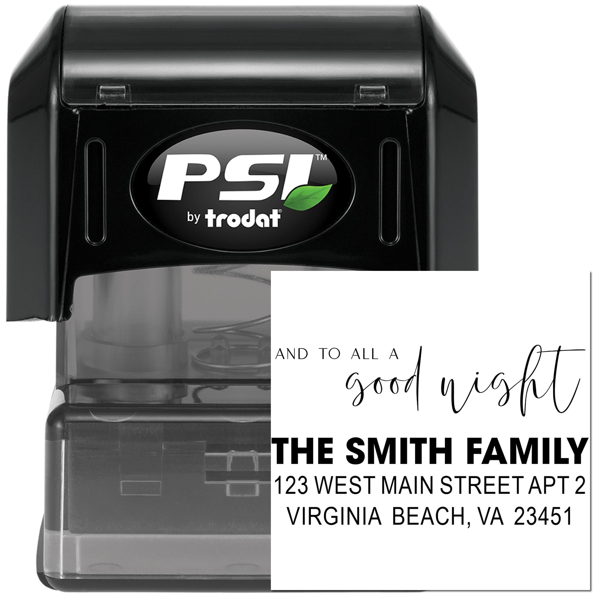 Custom self-inking address rubber stamp by PSI Trodat with holiday greeting and Smith family return address.