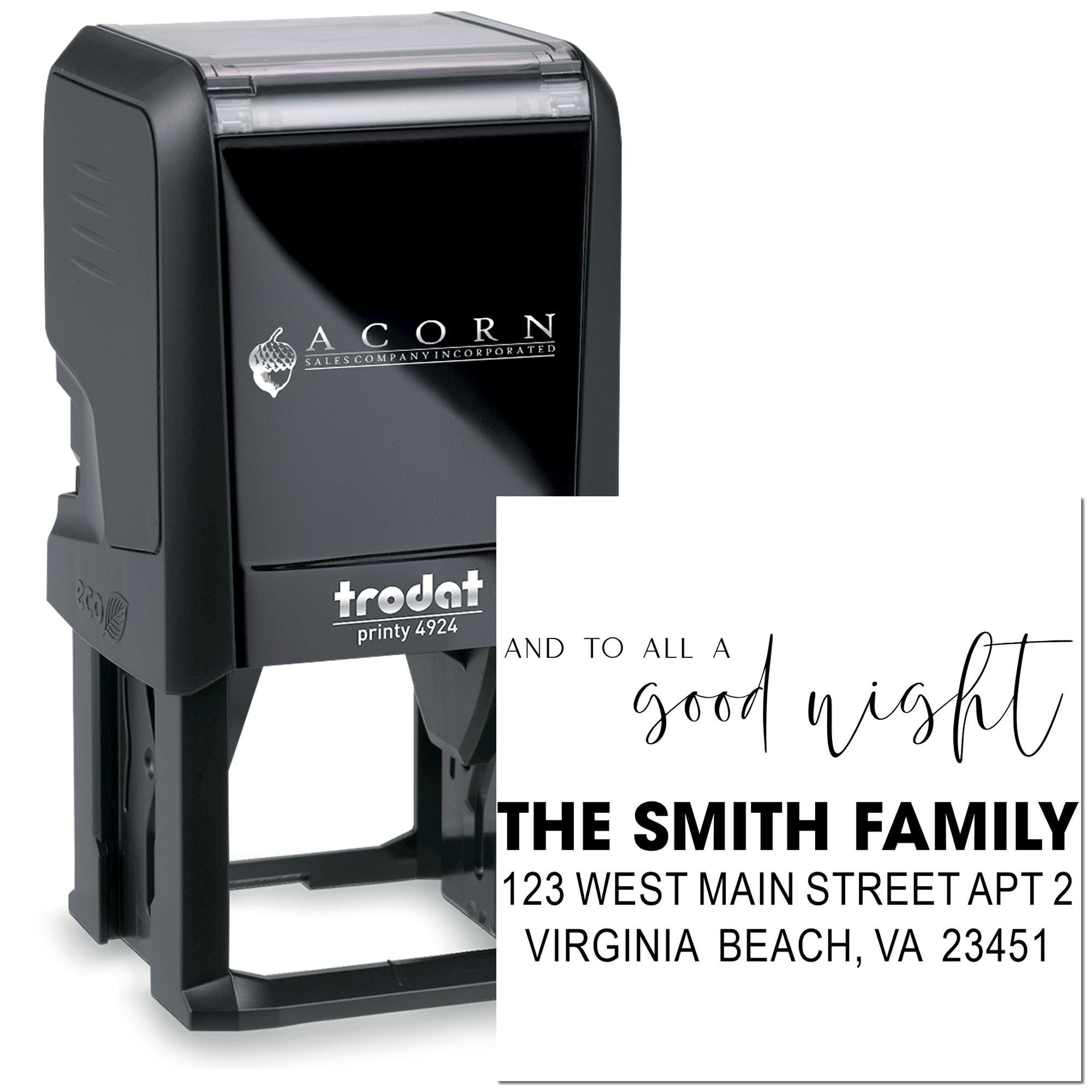 Personalized self-inking address rubber stamp with holiday greeting, Trodat Printy 4924 custom family return address stamp