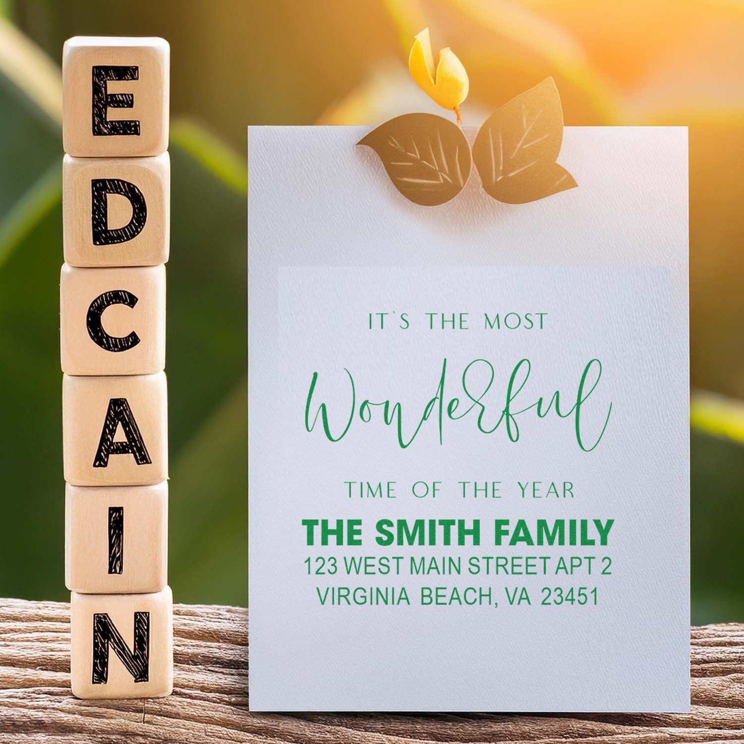 Personalized holiday return address rubber stamp with festive family name and address for Christmas cards and mailings