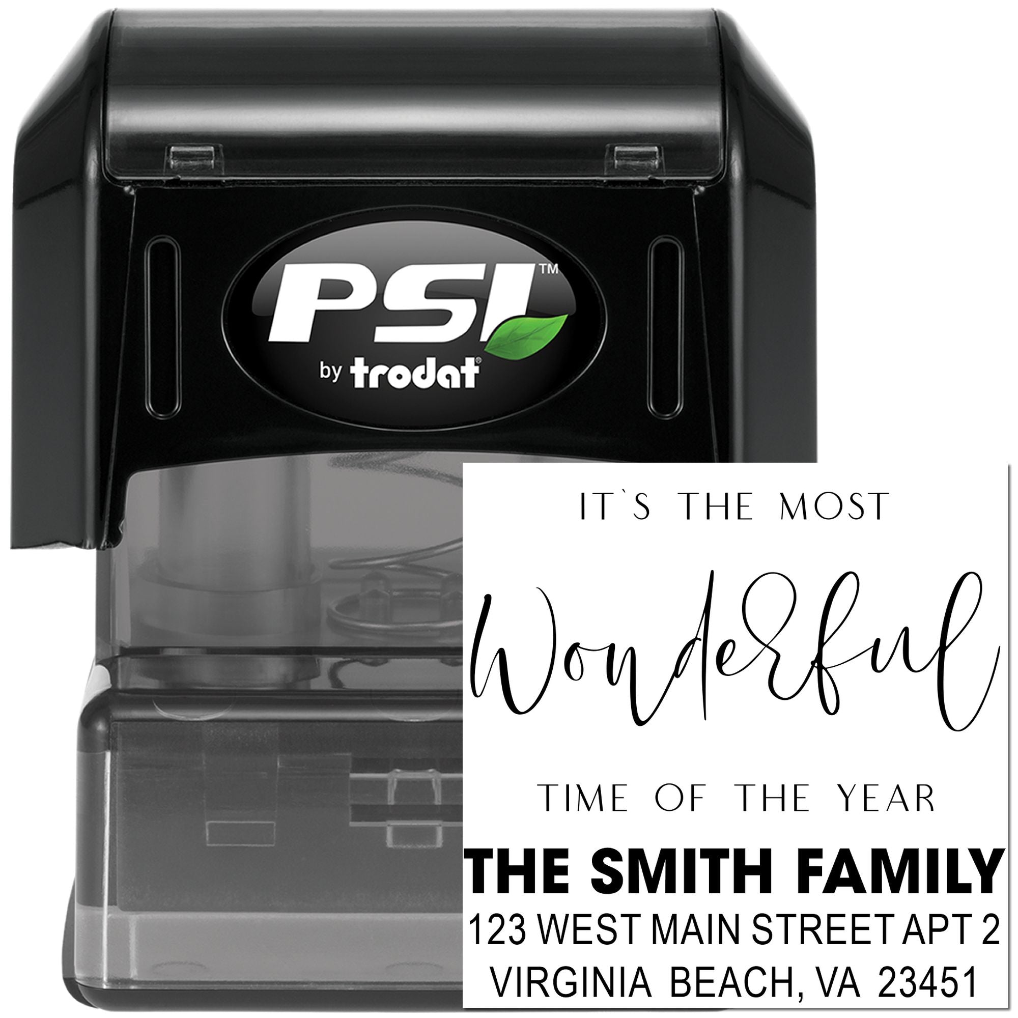 PSI by Trodat self-inking custom rubber address stamp with holiday greeting and family return address examples
