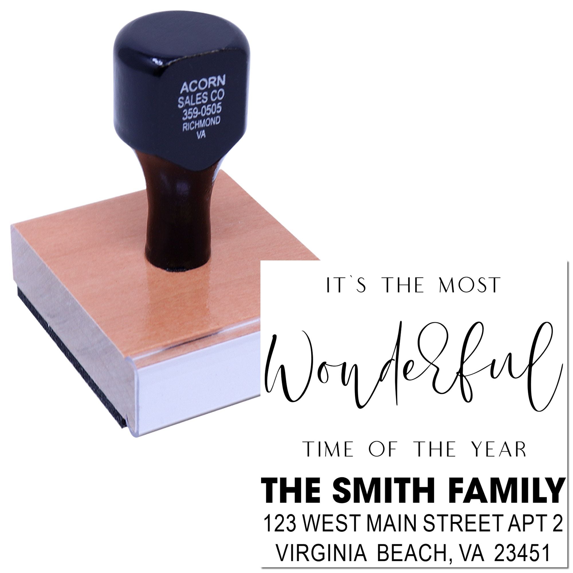 Custom rubber stamp with personalized family address and holiday greeting for cards, invitations, and mailing.