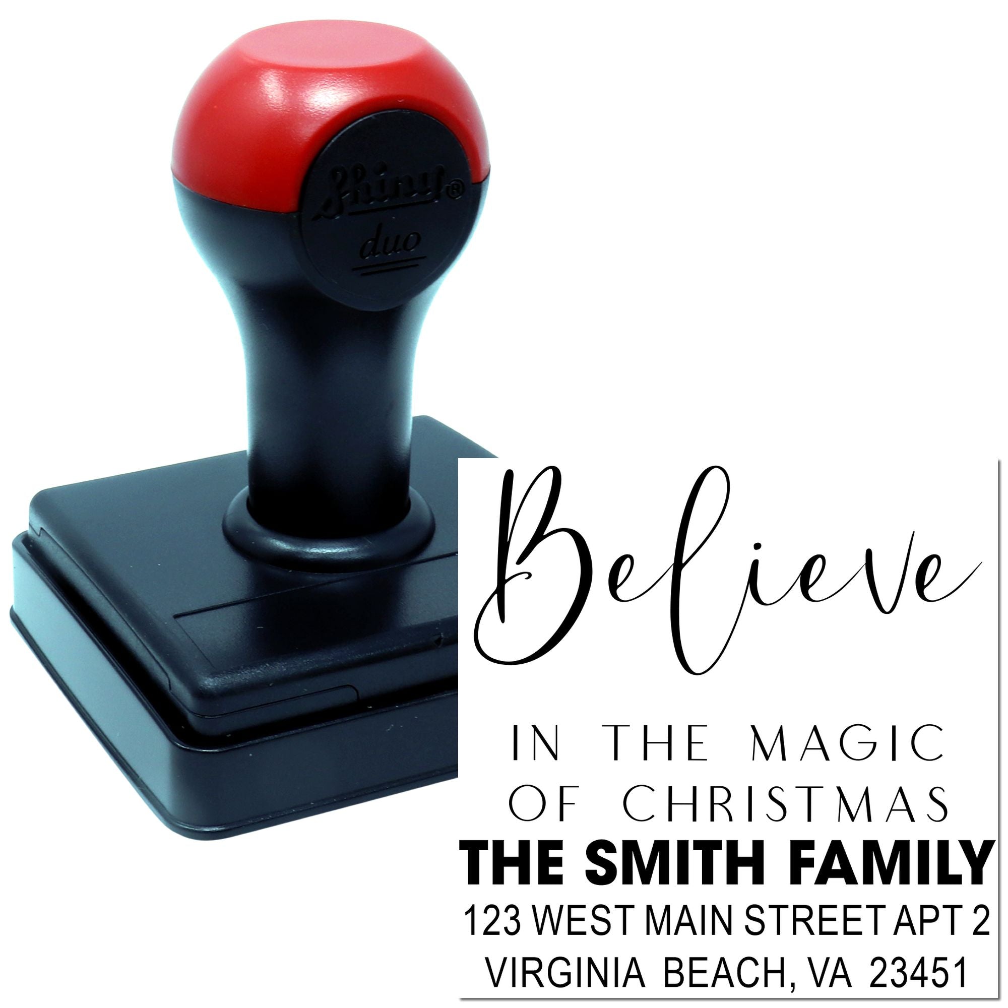 Custom Christmas return address rubber stamp for holiday cards, featuring Believe in the magic of Christmas and family address.