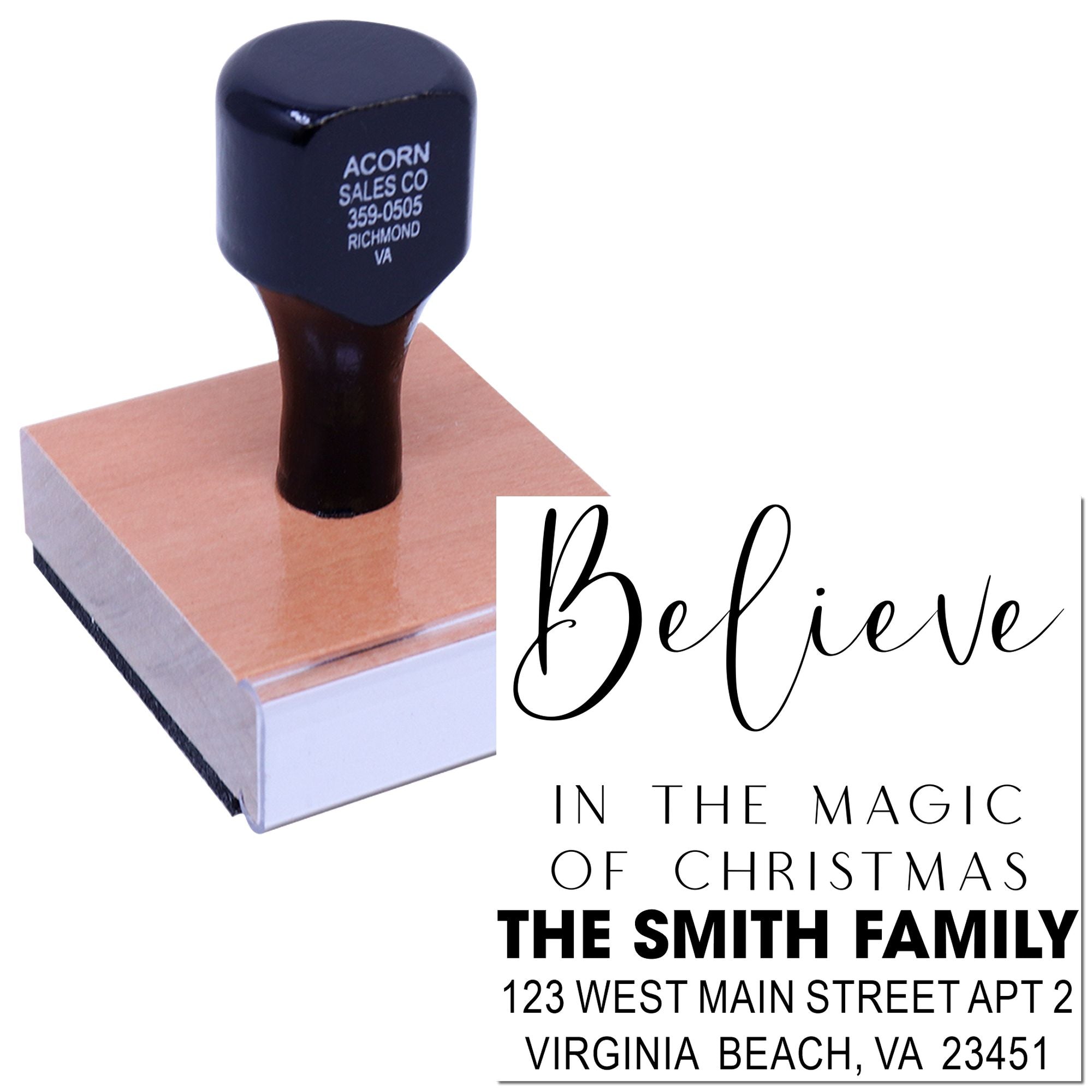 Custom Christmas address rubber stamp with Believe in the Magic of Christmas and Smith family return address.