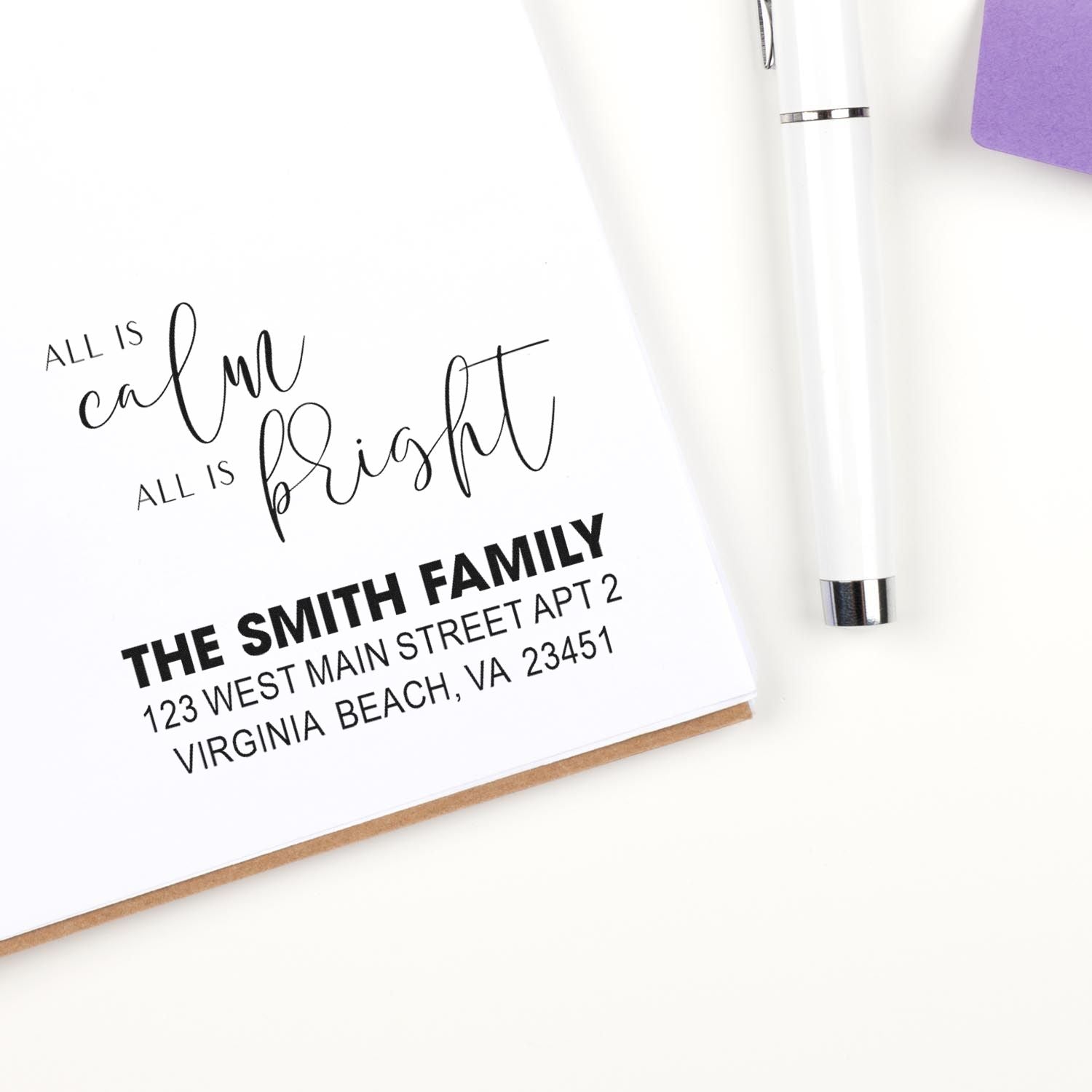 Personalized address rubber stamp for holiday stationery with All is calm, all is bright greeting