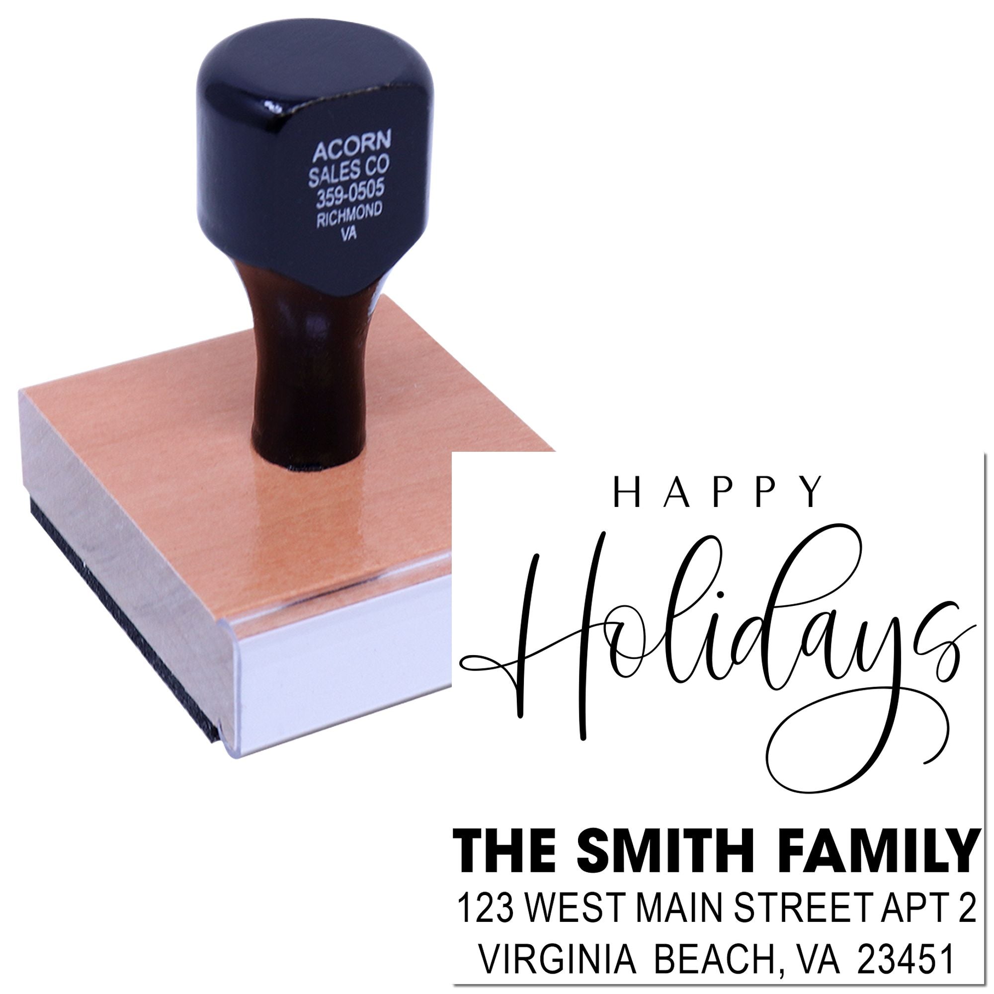 Custom Happy Holidays address rubber stamp for holiday cards and mailings, featuring The Smith Family.