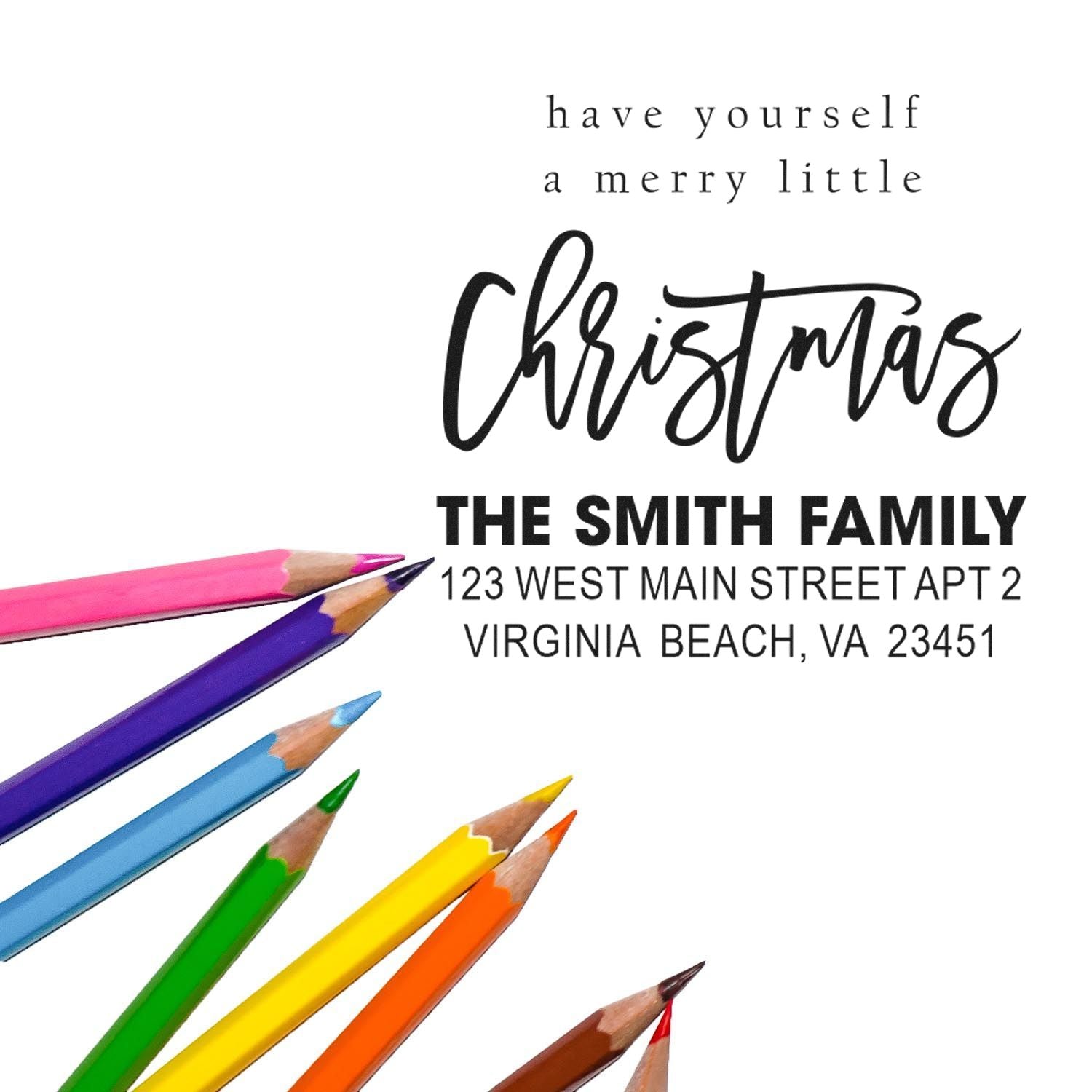 Personalized Christmas address rubber stamp with Have Yourself a Merry Little Christmas and family name for holiday cards.