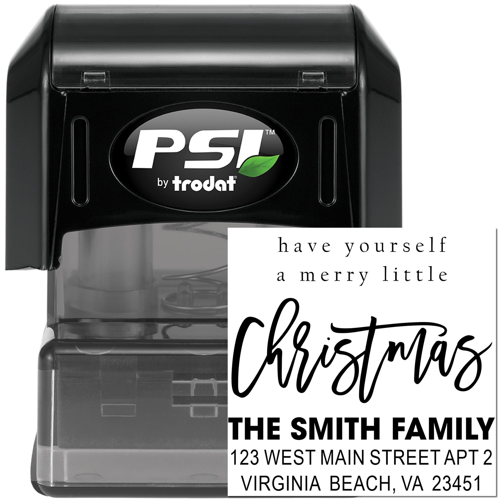 PSI by Trodat custom self-inking Christmas return address stamp with festive message and The Smith Family address.