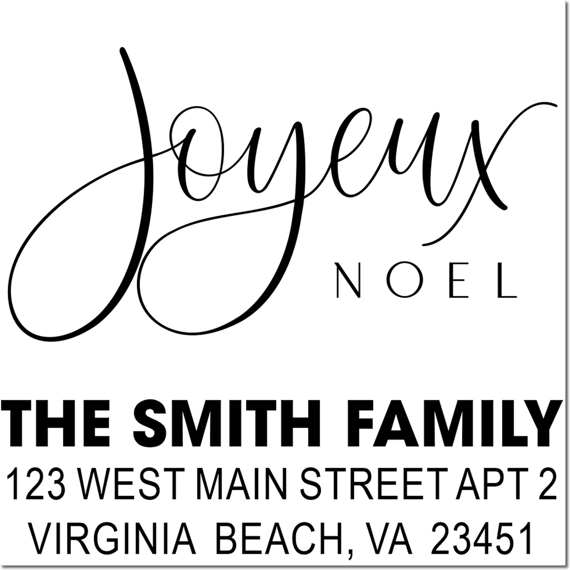 Custom Joyeux Noel family address rubber stamp for holiday cards, featuring the Smith family return address in Virginia Beach.